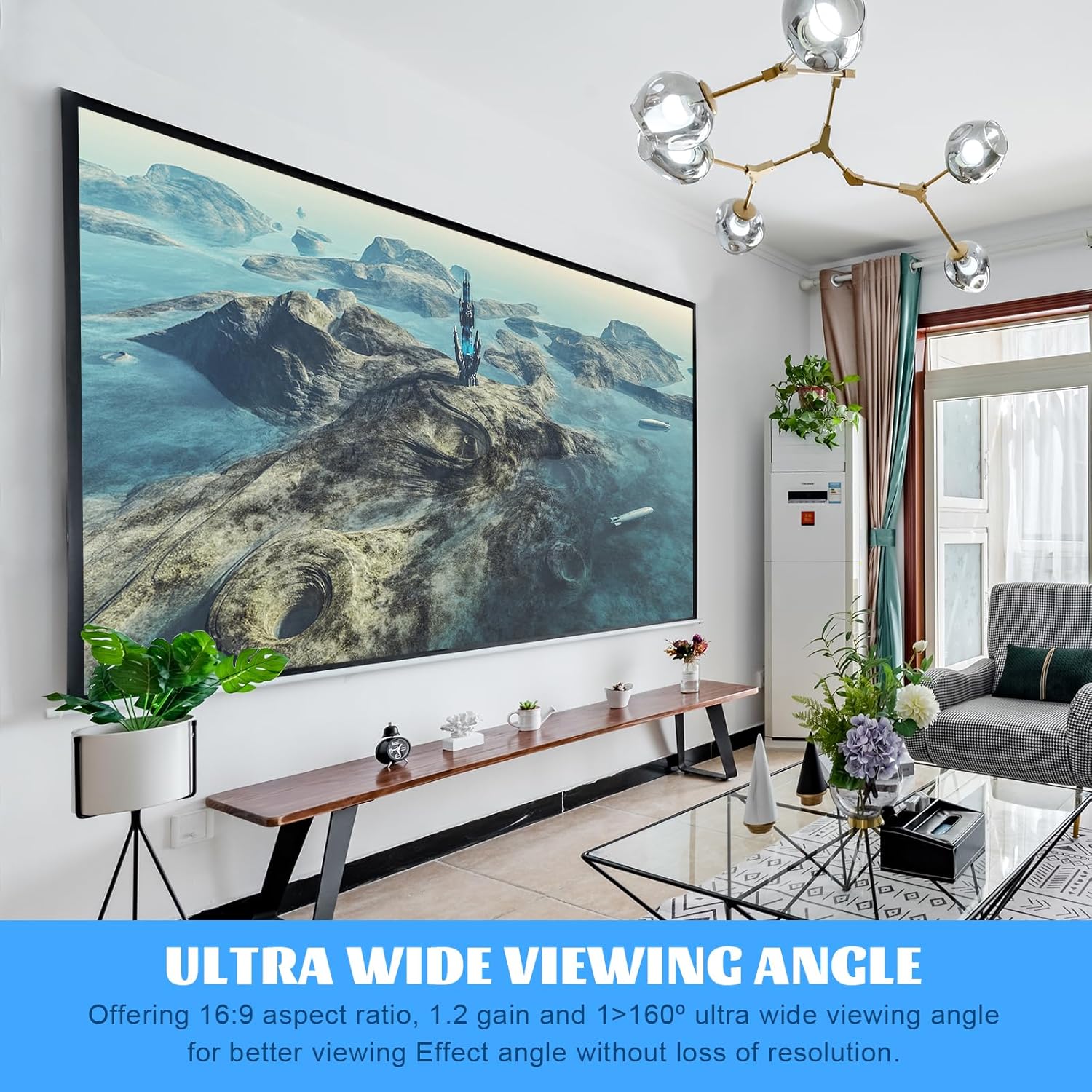 Projector screen displaying a vibrant image in a living room setting, with text 'ULTRA WIDE VIEWING ANGLE'.