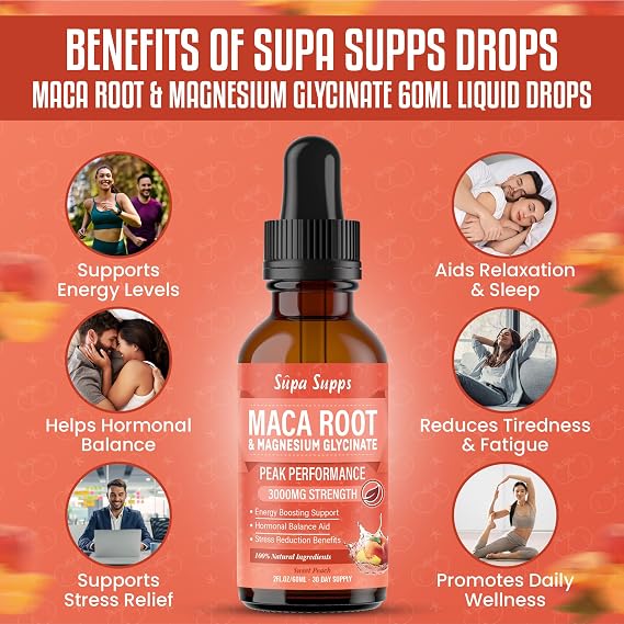 Maca Root & Magnesium Glycinate Liquid Drops 60ml Energy & Focus Peach