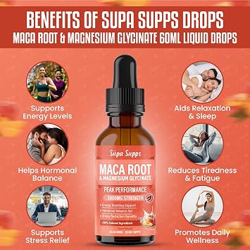 Maca Root & Magnesium Glycinate Liquid Drops 60ml Energy & Focus Peach