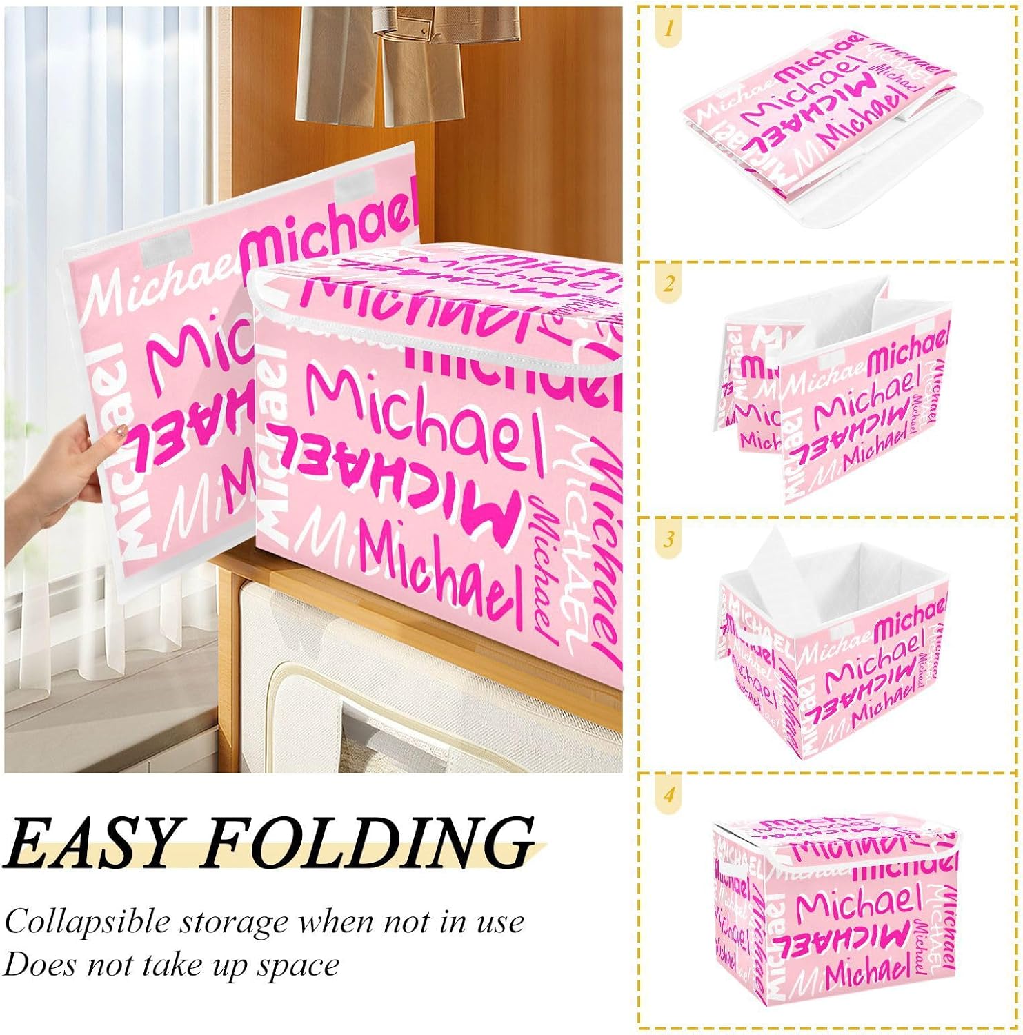 Pink Custom Name Storage Bins with Lid Foldable Personalized Storage Basket Box with Handle Shelf Basket Closet Organizer for Home Bedroom Clothes image 3