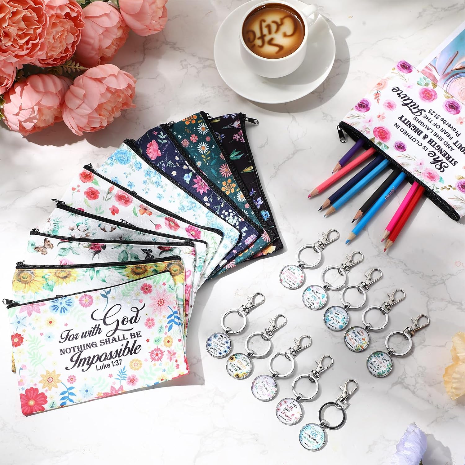 Talltalk 20 Pcs Christian Gift Bulk Inspirational for Women Religious Bible Verse Cosmetic Makeup Bag Scripture Keychain Gift for Church Ladies (Flower Style)