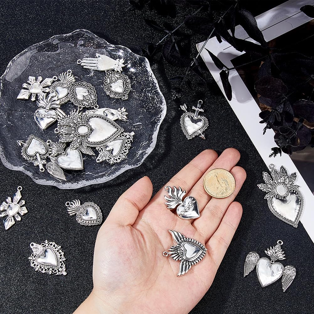 DICOSMETIC 20Pcs 10 Styles Sacred Heart Charm Pendant Gothic Heart Charms Alloy Vintage Love Charms Antique Silver Tibetan Charm for Bracelet Necklace Earring Jewelry Making - Image 3