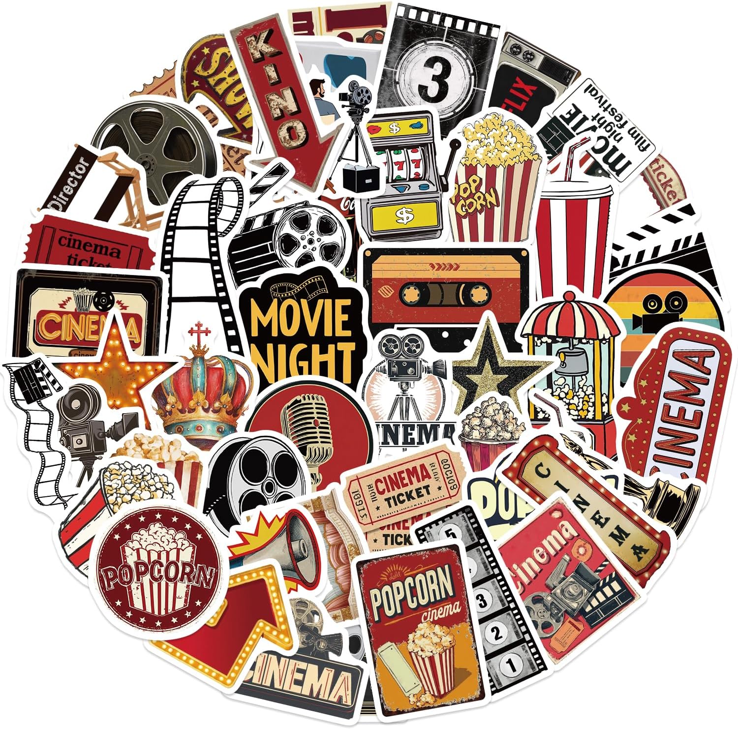50Pcs Retro Cinema Stickers, Graffiti Waterproof Decals for Laptop, Scrapbook, Journal, Skateboard, Water Bottle, Kindle, Notebook, Chromebook, Suitcase