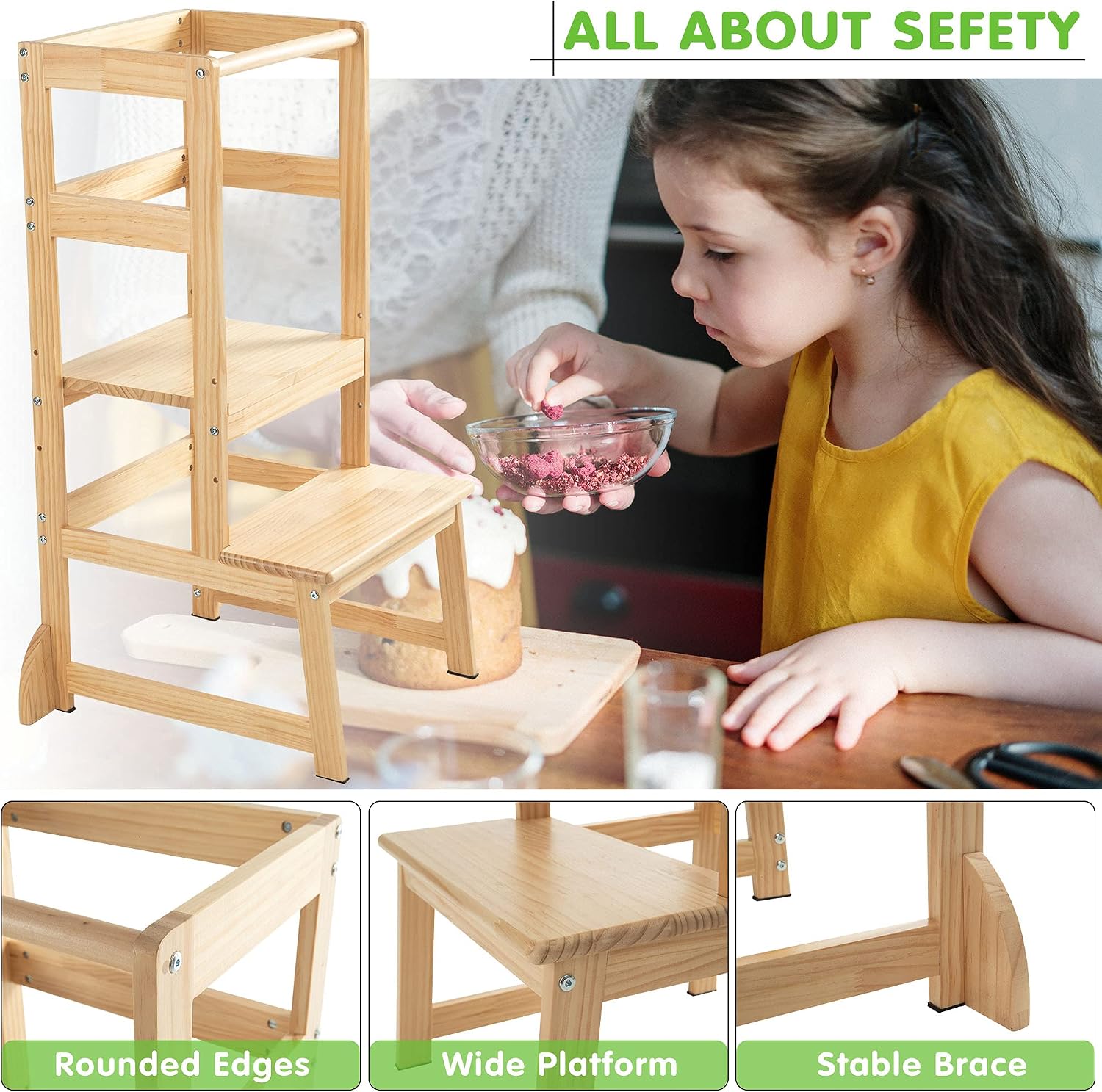 Height Adjustable Kitchen Step Stool for Kids and Toddlers with Safety Rail Children Standing Tower for Kitchen Counter, Parents' Helper Kids Learning Footstool, Solid Wood