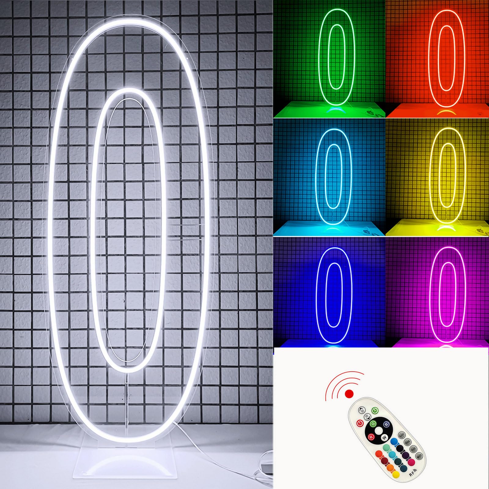 DS & DV 76cm colori completi ha portato il numero 0 segno luminoso, colore dimmabile che cambia segno al neon per decorazioni di festa di compleanno, regalo di festa di anniversario (number 0,RGB) | Luce al neon in silicone che cambia colore, numeri decor