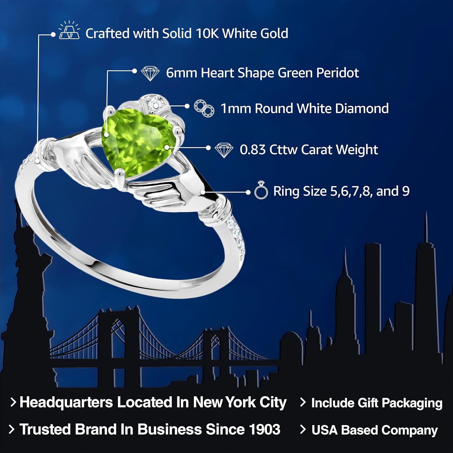 Gem Stone King 6MM Heart Shape Gemstone Birthstone and White Diamond Irish Celtic Claddagh Engagement Ring | 10K White Gold | Gold Ring For Women | Size 5-9 | Green Peridot | Size 5