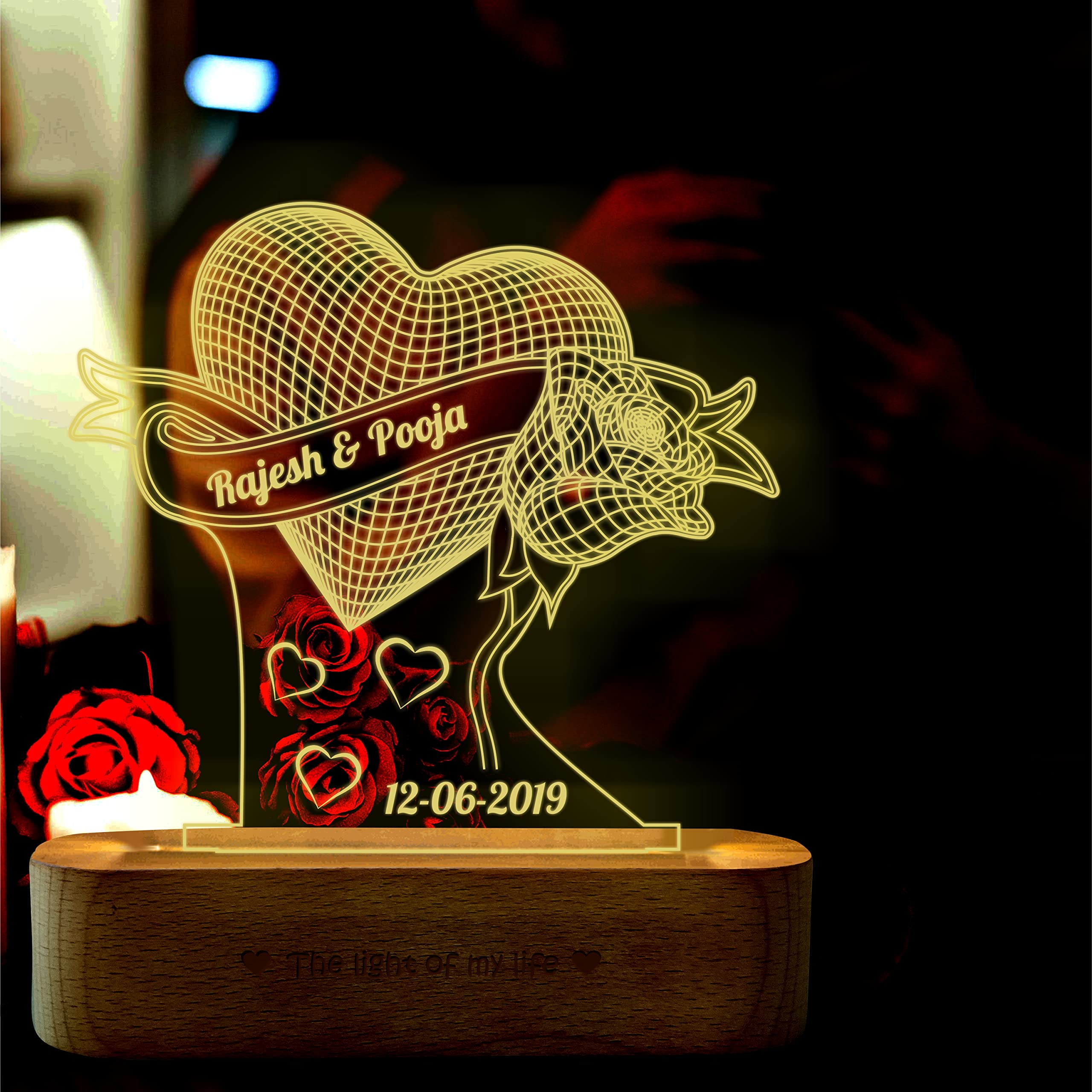 ZOCI VOCI Acrylic, Wood Anniversary Gift Personalized 3D Illusion Heart LED Lamp | Engraved Night Lamps for Special Occasions Unique Gift for Wife & Husband (Rose Lamp)