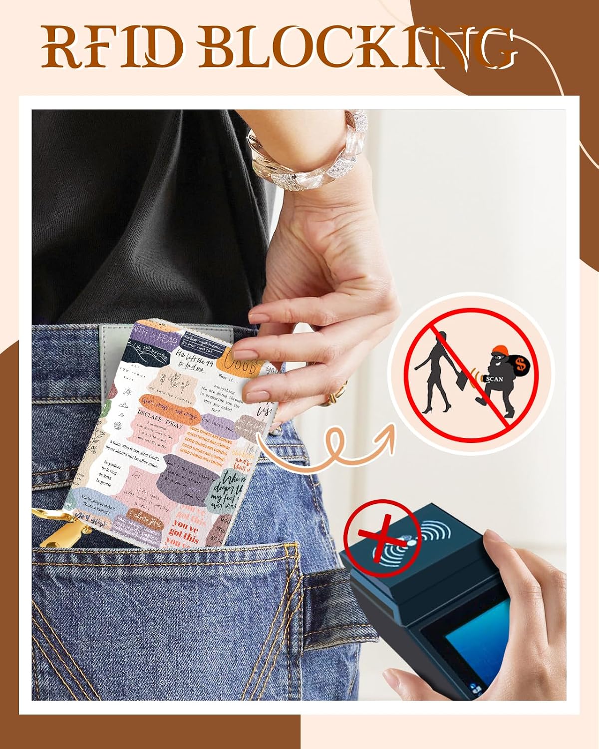 Miss Adola Credit Card Holder for Women - RFID Women Wallet Leather Card Wallet for Ladies Girls Female Aesthetic Cute Wallet with Card Slots Coin Cash Zipper Purse & ID Window, Collage Text