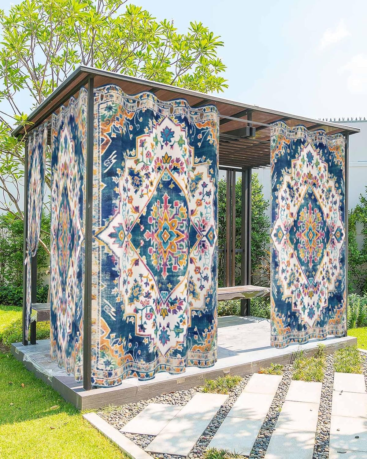 Navy Blue Boho Outdoor Curtains 108 Inches Long 2 Panels Set for Patio Waterproof Weatherproof,UV Sun Blocking Privacy Gazebo Front Porch Drape Orange Ethnic Tribal Bohemian Mandala Floral 104"x108"