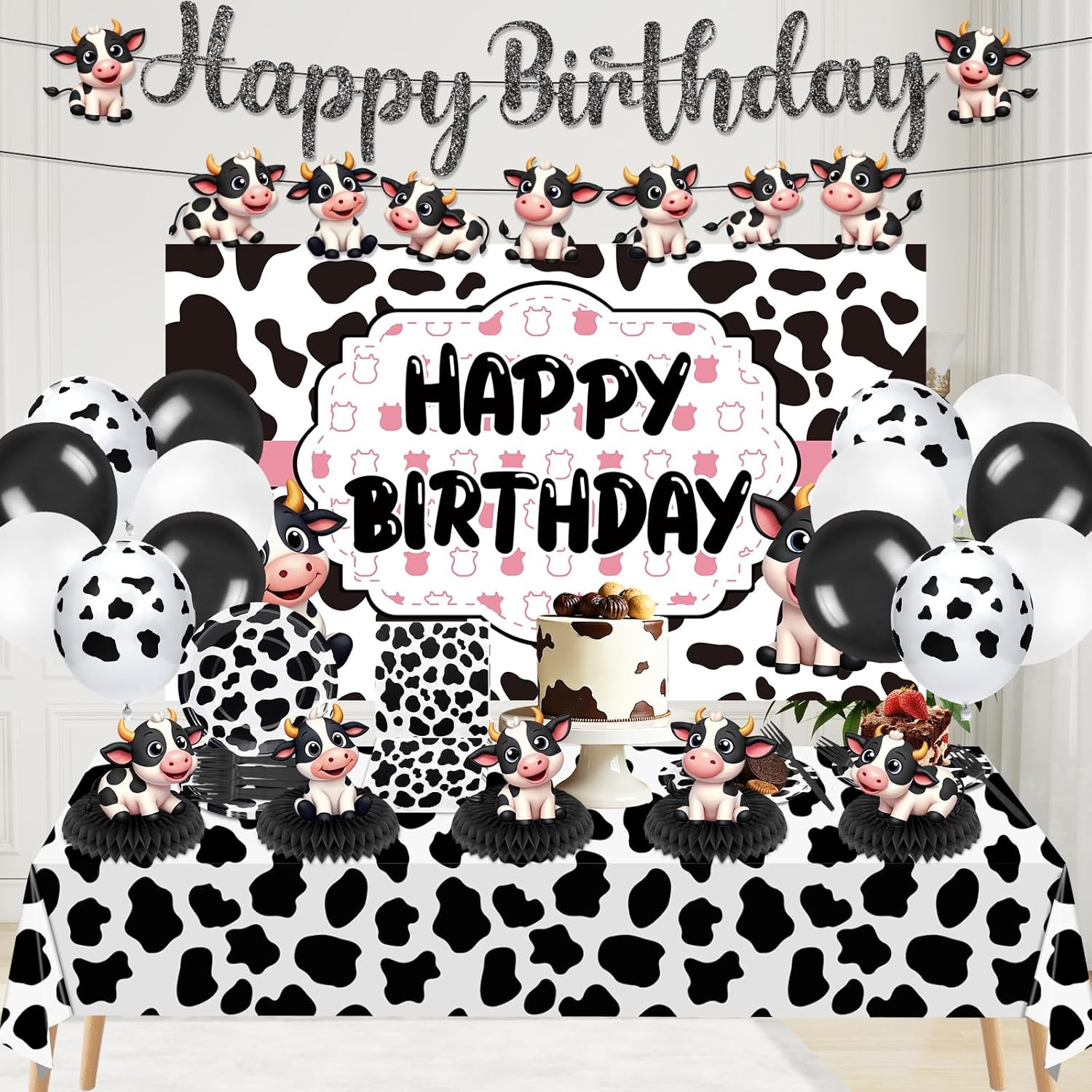 Cow Theme Birthday Party Decorations Cow Print Birthday Party Supplies Farm Animal Barn Party Tableware Set Plates Napkin Fork Banner Honeycomb Balloon Tablecloth for Cowgirl Bday Serve 10 Guests - Image 5