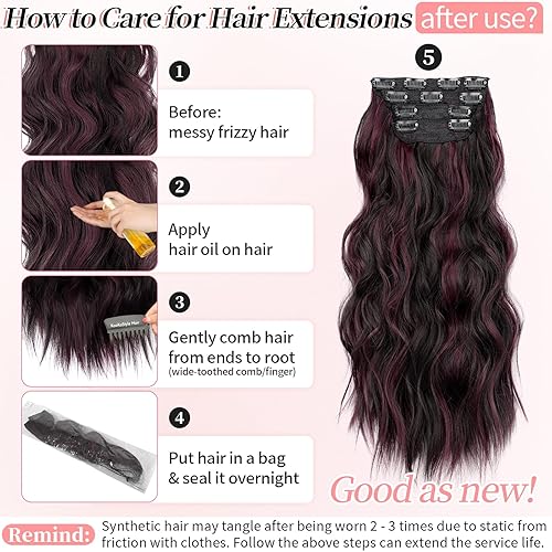 Miniatura 9 de KooKaStyle Extensiones de cabello sintético con pinzas, largo y ondulado, grueso, mezcla de color burdeos, fibra marrón oscuro, doble trama,