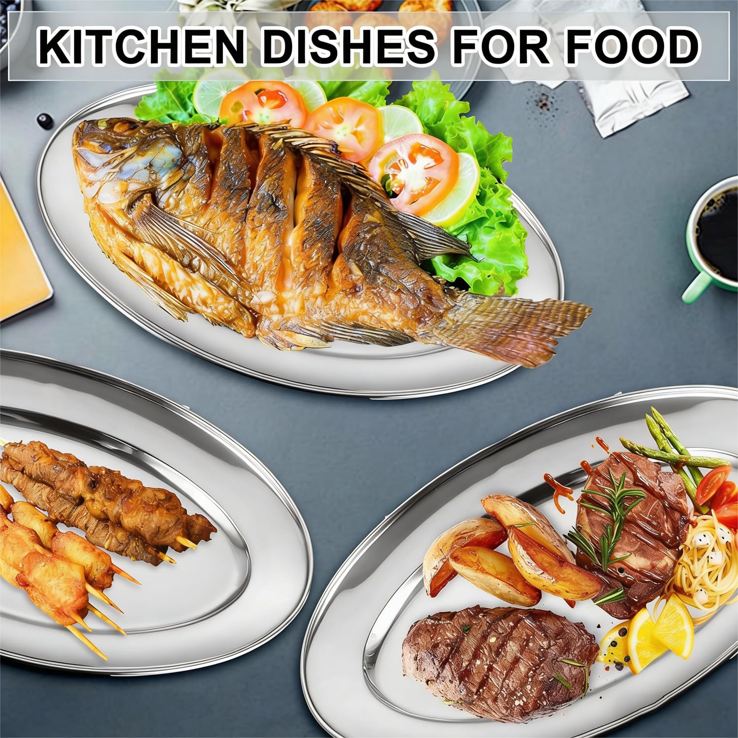 6 Plats à Poisson en Inox – Plat Ovale pour Four & Cuisson Vapeur, Plat Creux 33,8 cm, Qualité Alimentaire, Bord Roulé – Pour Poisson, Lasagnes, Cheung Fun – Lot de 6