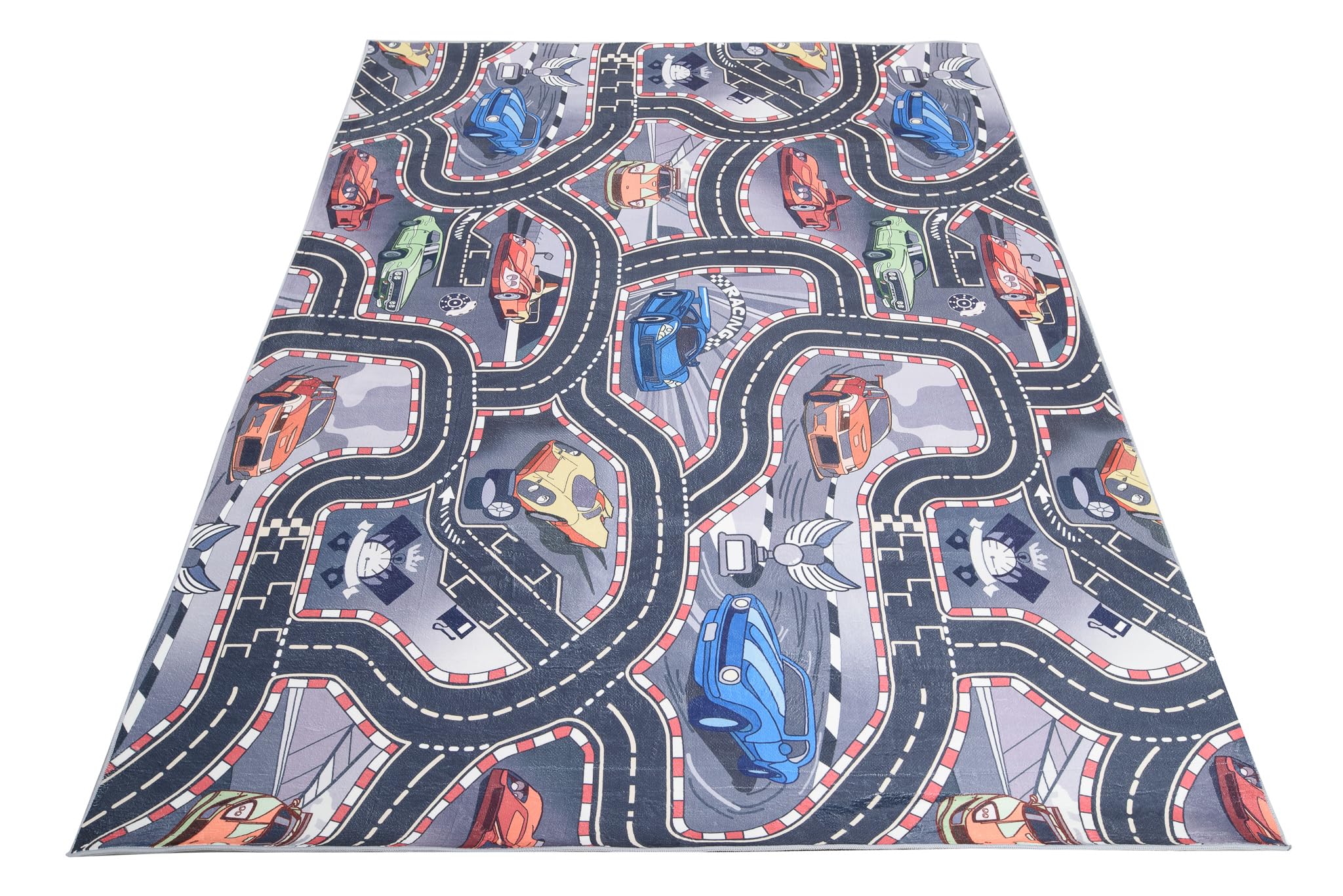 TAPISO Flannel Tapis Chambre Enfant Bébé Fille Garçon Antidérapant Lavable Gris Bleu Orange Tapis de Jeux Circuit Route Course de Voitures Poils Ras Oeko-TEX Résistant 120 x 170 cm