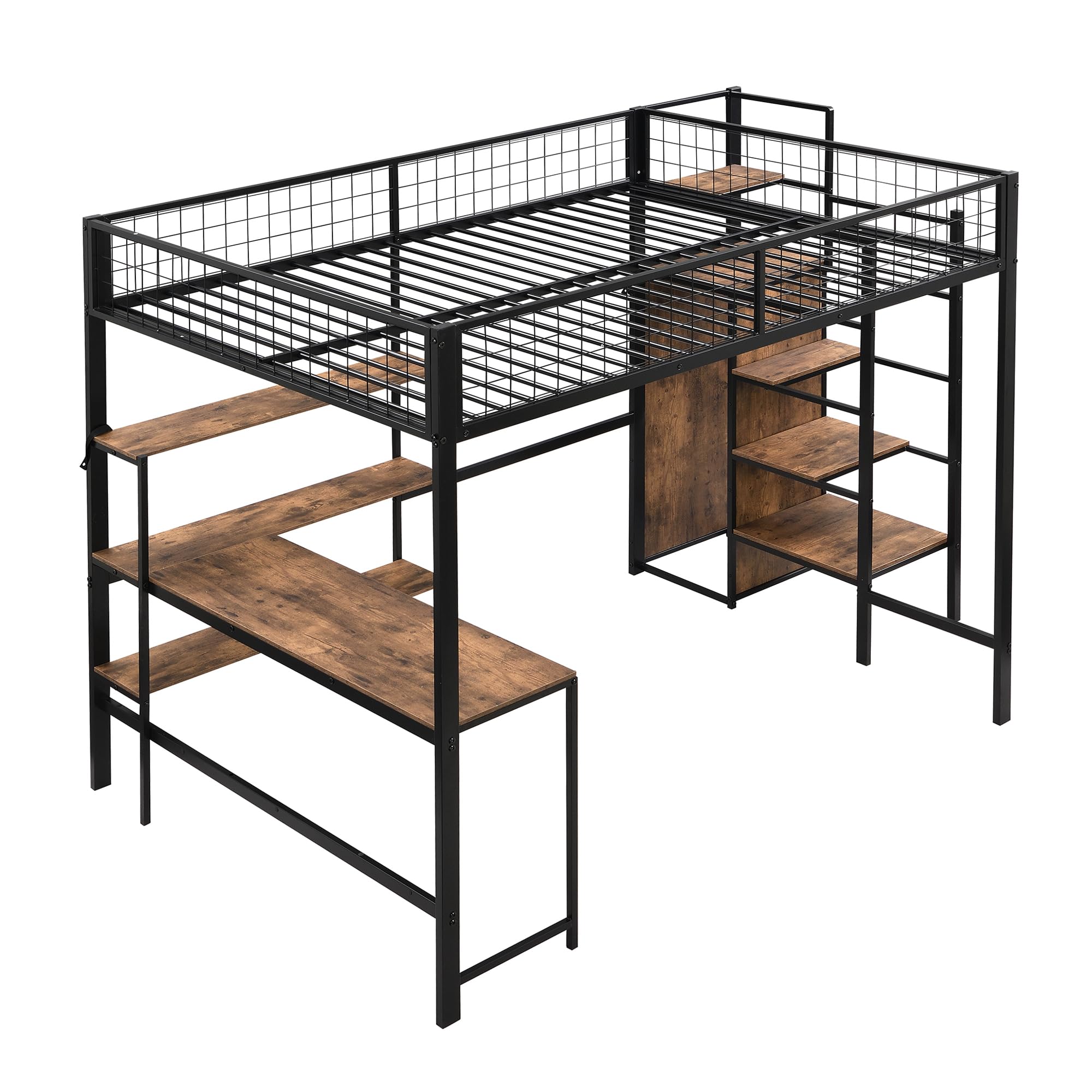 YESGIGA Lit mezzanine, en fer, échelle de rangement, plusieurs étagères, sans matelas, armoire encastrée, bureau (noir, 140 x 200 cm)