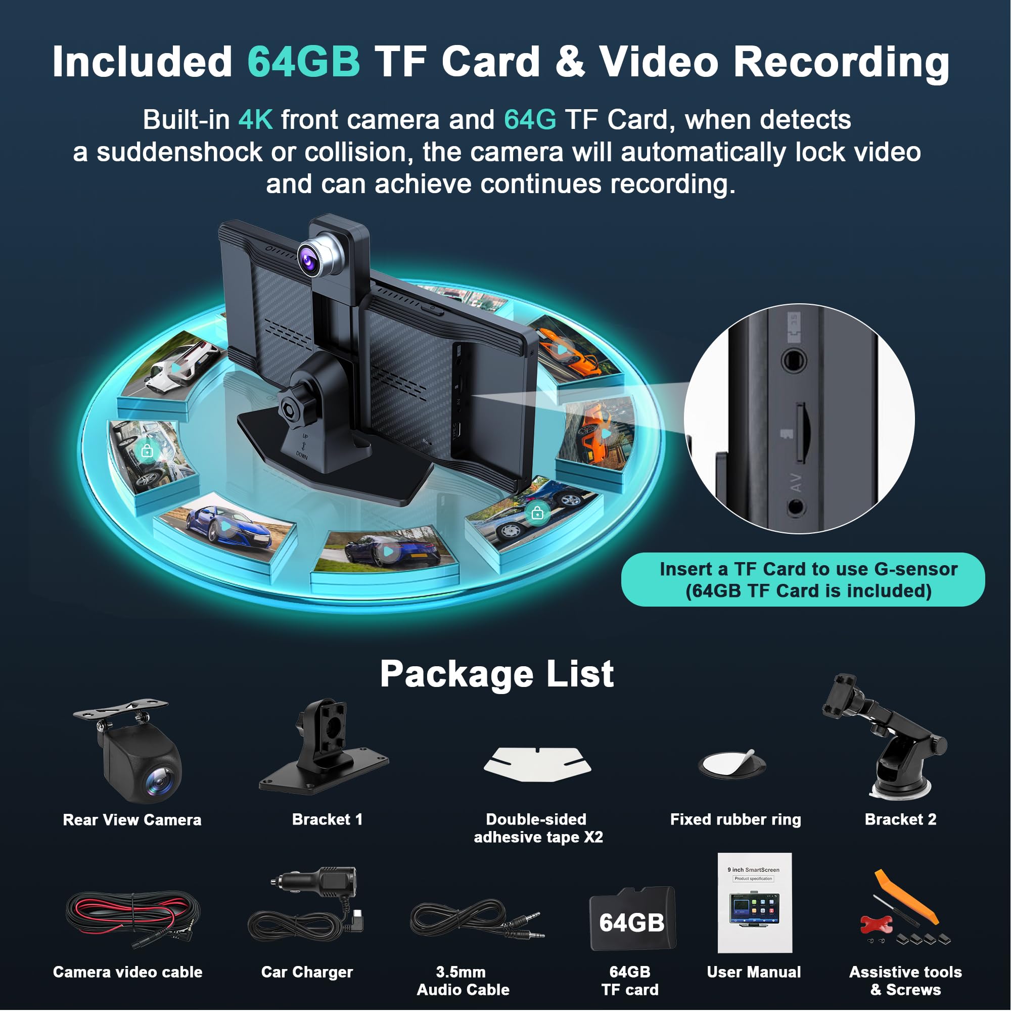 Audio Portatile Per Auto, 10.26" Schermo Carplay,car play per auto android con doppia telecamera anteriore + posteriore 4K 1080P, riproduzione car play wireless con Mirror Link/S-iri/AUX/64G TF