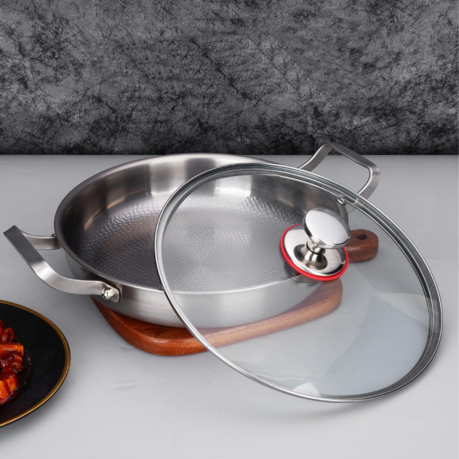 Titan Bratpfanne Ø 32 cm, Pfanne Unbeschichtet mit Deckel, Kratzfeste bratpfanne, Pfanne zwei Griffen, Gehämmerte Titan-Bratpfannes, Premium bratpfanne für Induktion, ohne Beschichtung