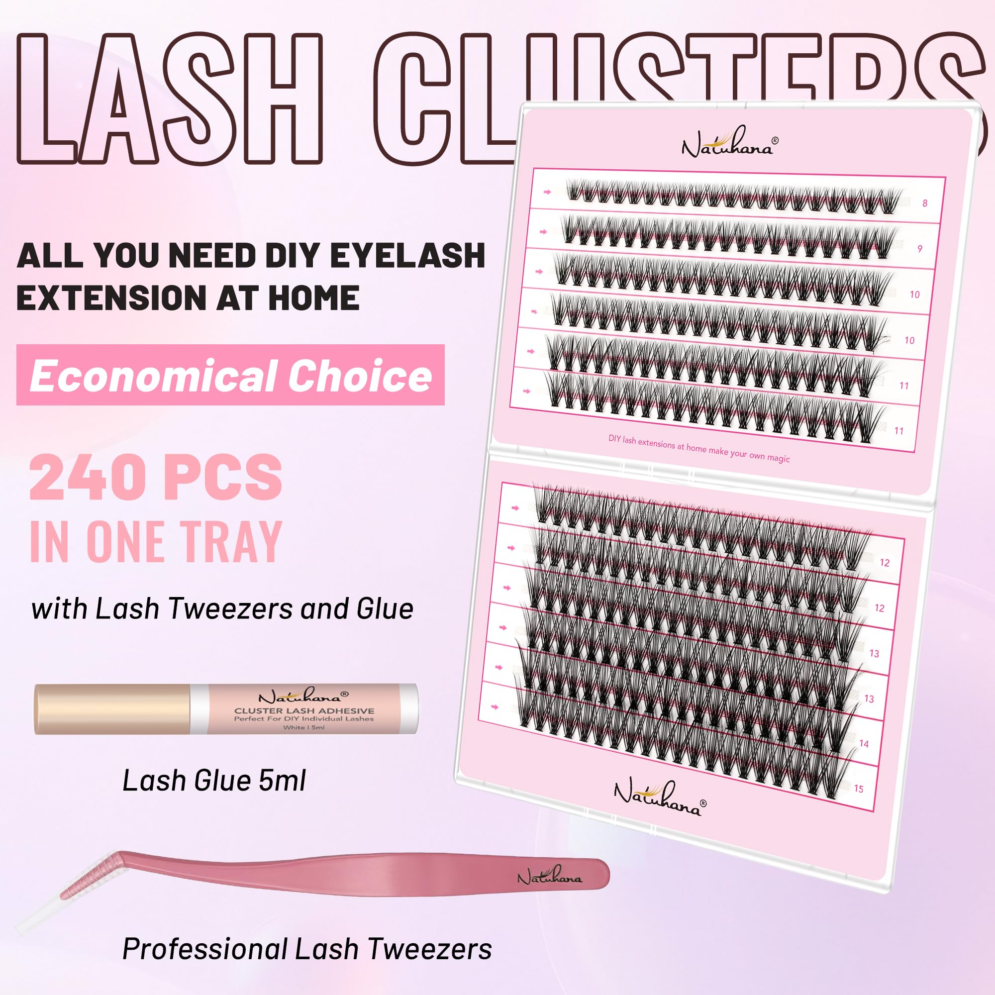Ciglia Finte Ciuffetti, 240 PCS Ciglia Extension Kit 8-15mm Misto Naturali 0.07mm, DIY Eyelash Extension Cluster con Pinzette e Colla(30P, Nero, 8-15mm)