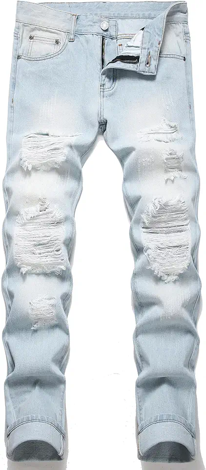 OIIIO Men's Ripped Slim Fit Straight Leg Jean Denim Pant