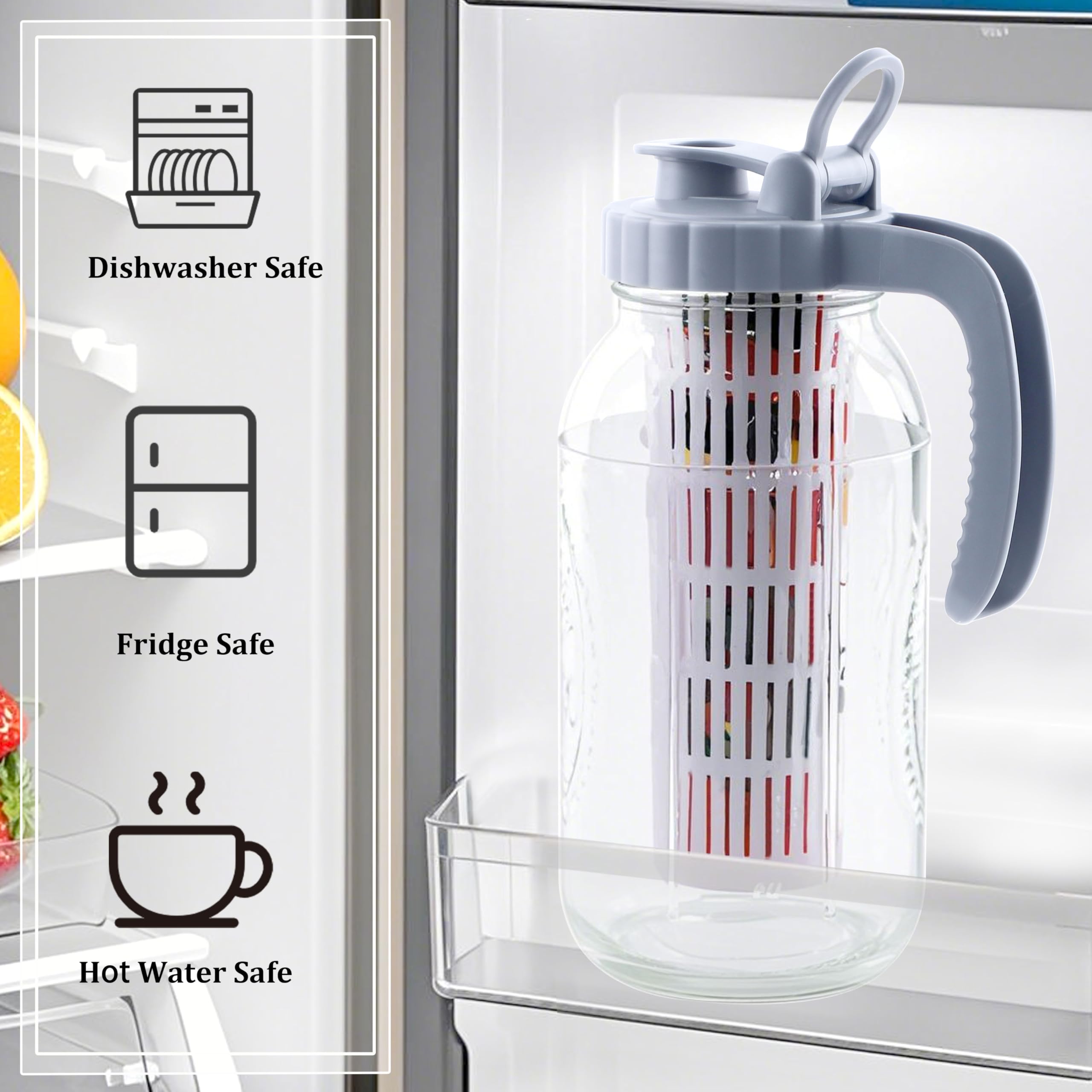 Einmachglas-Krug mit Fruchteinsatz, 2 Quart Wasserkrug mit Ausgießdeckel, 2 Stück, Glas-Karaffe mit breiter Öffnung, für Milch, Obst, Eistee, Limonade, Cocktail, kaltgebrühten Kaffee