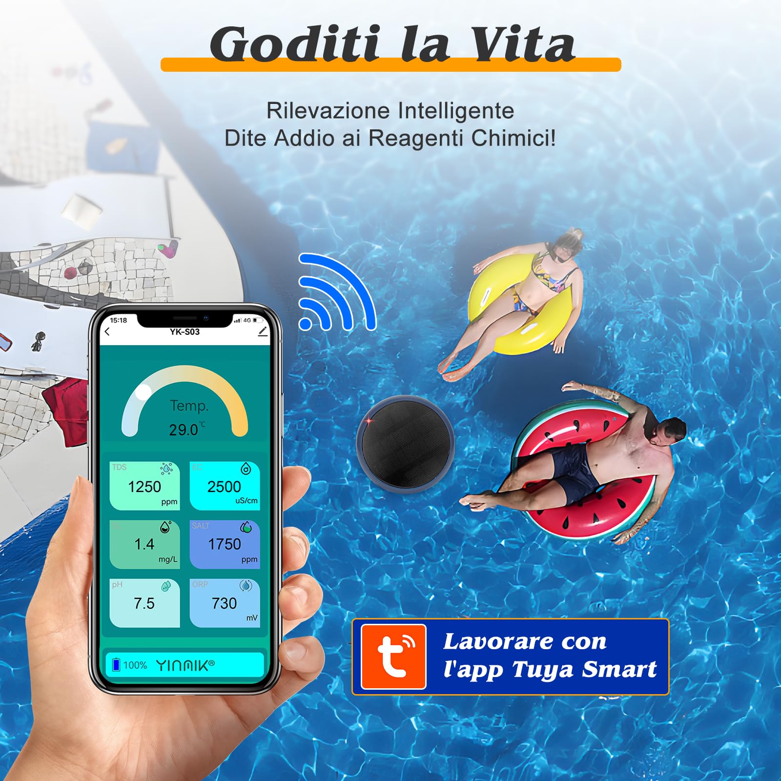 UIUZMAR Misuratore di Cloro e pH Piscina WiFi, Analizzatore Intelligente 7 in 1 per Acqua Salata e Piscina, Misura pH, Cloro Residuo, Sale, ORP, EC, TDS, Temperatura, con Ricarica Solare