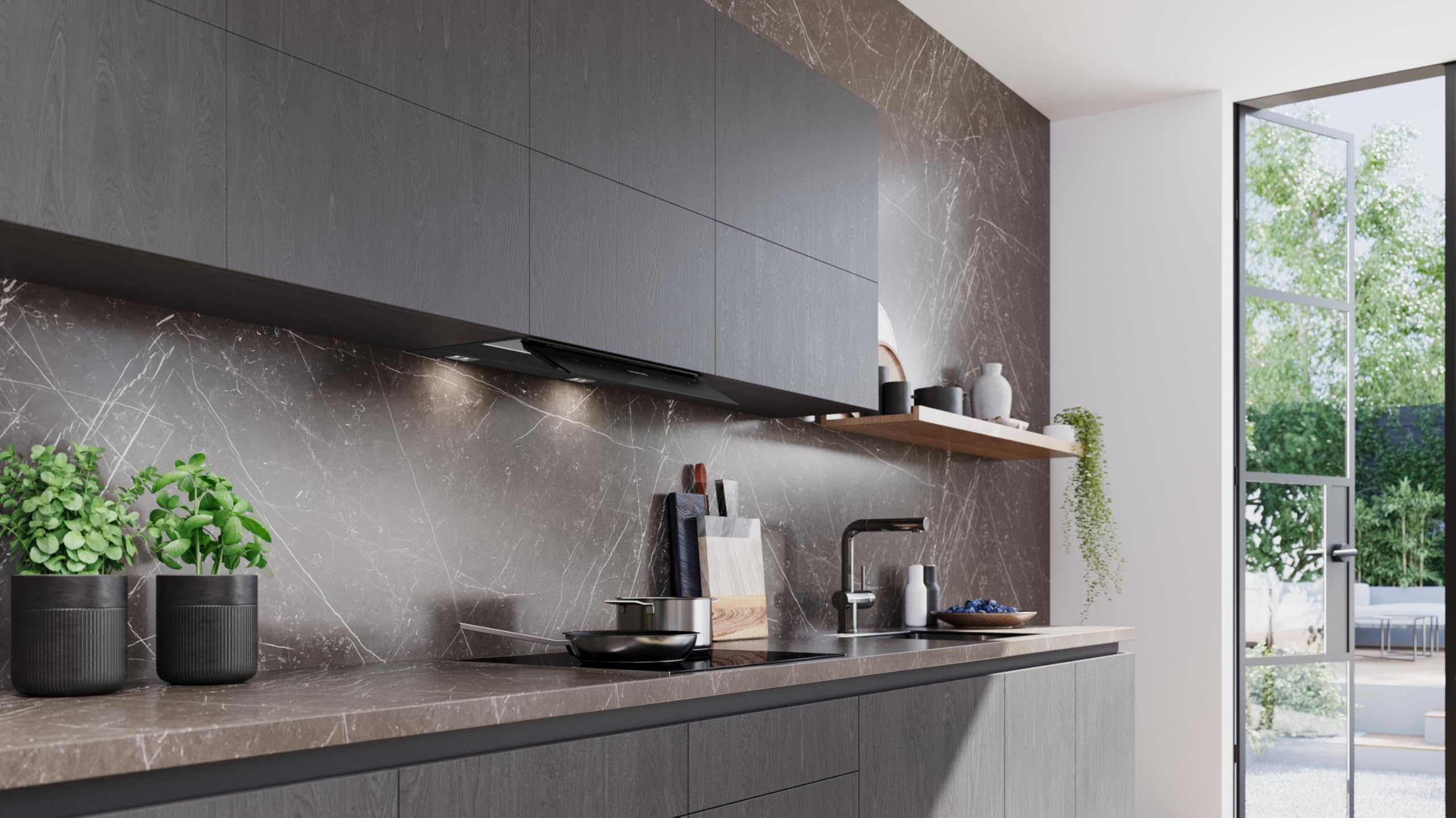 iQ500, cappa di design integrato, 60 cm, vetro trasparente nero stampato, nero opaco, LJ67BDP60