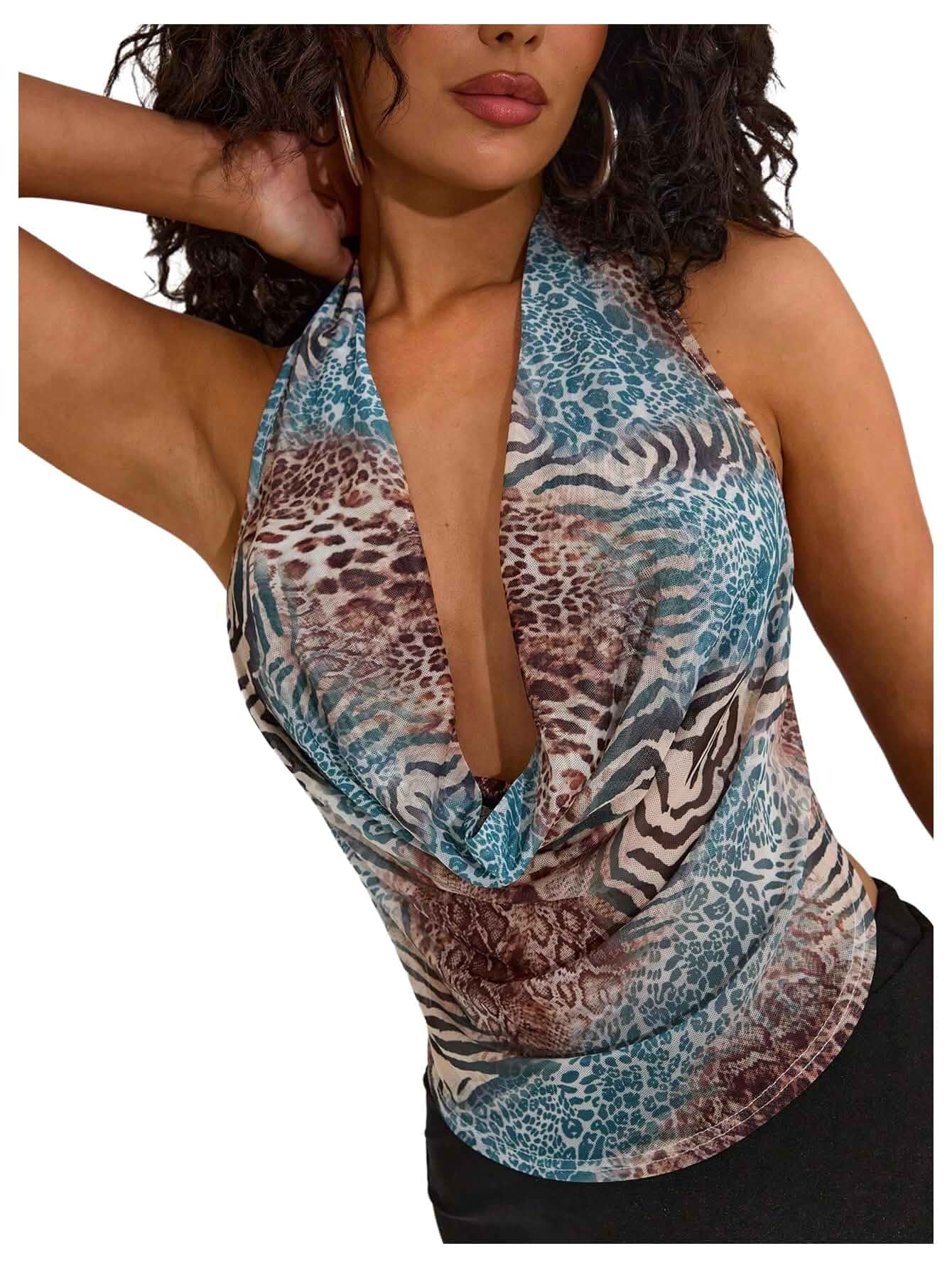 Floerns Women's Going Out Tops Animal Print Cheetah Mesh Sleeveless Draped Cowl Neck Halter Tops Tie Backless Camisole Sleeveless