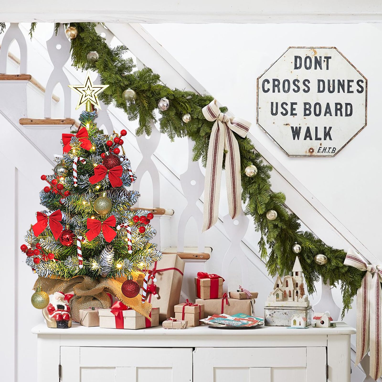 Mini Albero di Natale Artificiale,60cm Albero di Natale Decorato Artificialmente con illuminazione a LED,Fogliame Folto e Realistico In PVC,Base In Juta,per Feste,Festival,Tavoli da Pranzo