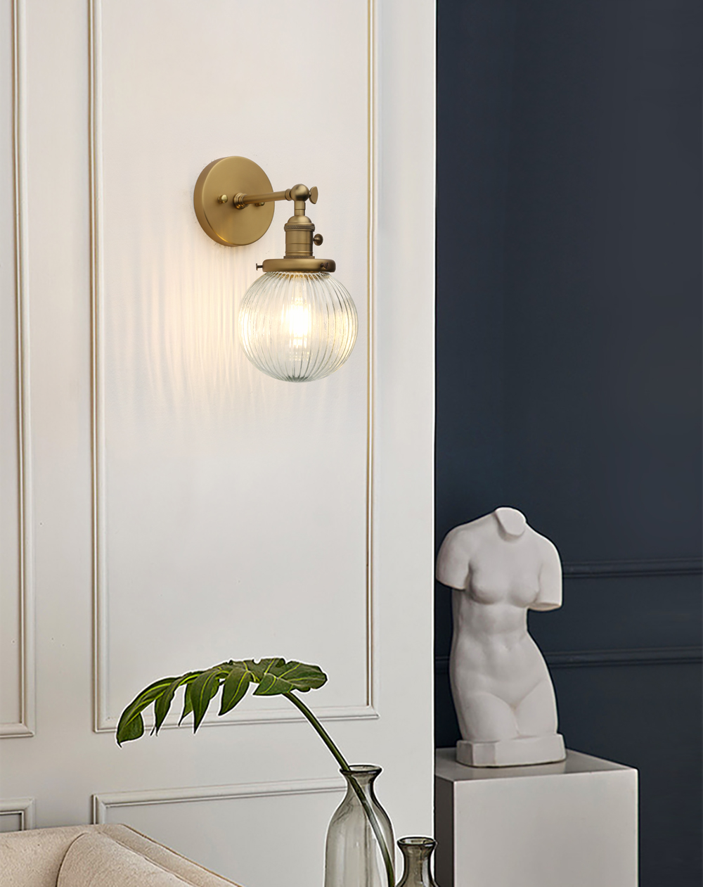 Image of PERMO Vintage Industrial Wall Sconce Matte Black Single Wall Sconces with 5.9 inch Round Clear Globe Ribbed Glass Shade Hardwired Wall Light for Bedroom Livingroom Office