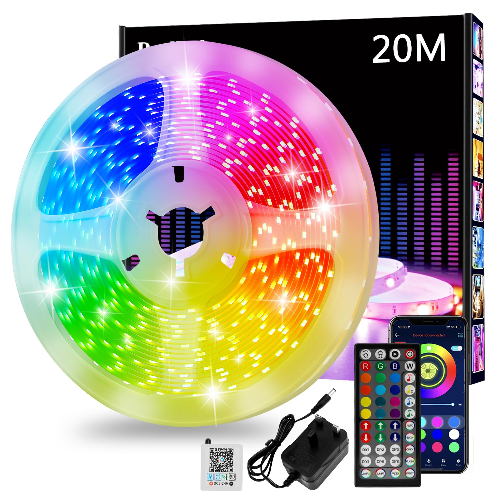Realky Multicolored Led Strip Light 20M, Rgb Colour Changing Music Sync Led Lights For Bedroom With Bluetooth App & Remote, Cuttable Led Light Strips For Kitchen, Ceiling, Bar