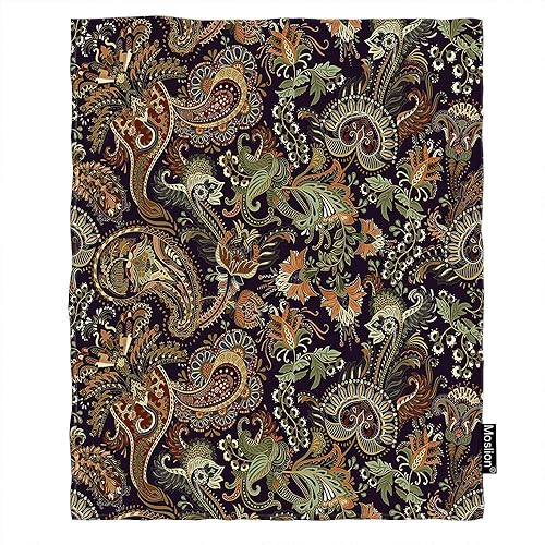 Moslion Manta de cachemira, adorno floral vintage, diseño tribal asiático, manta acogedora para sofá, cama, sofá automóvil, manta suave de franela