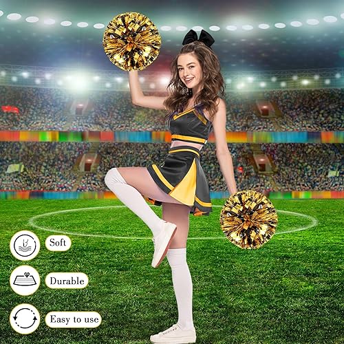 Miniatura 23 de Hanaive 3 pompones de animadora y lazo grande para animadora para el pelo, suministros metálicos para animadora de espíritu de equipo, deportes