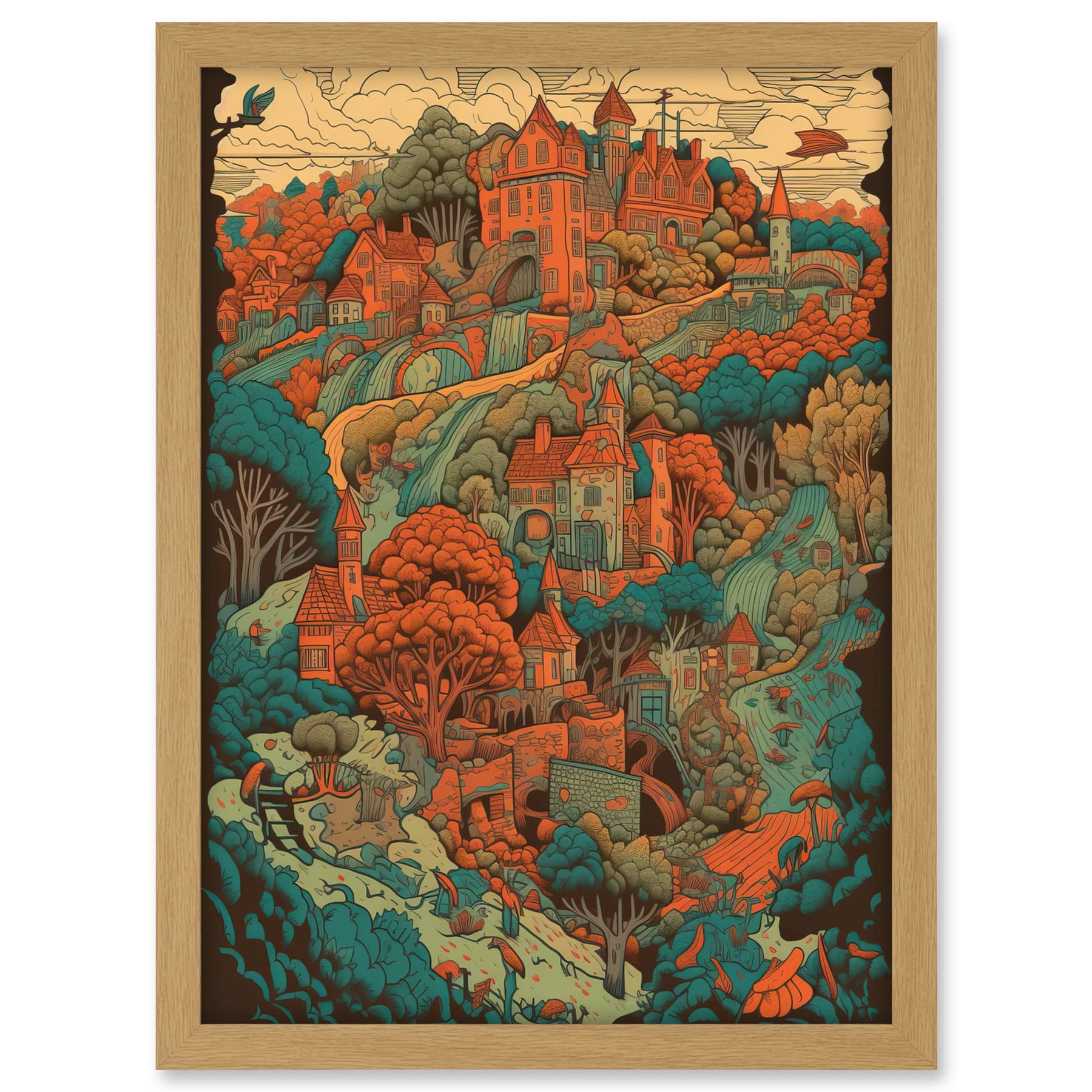 Artery8 Village in Forest Coral and Teal Blue Illustration Artwork Framed A3 Wall Art Print