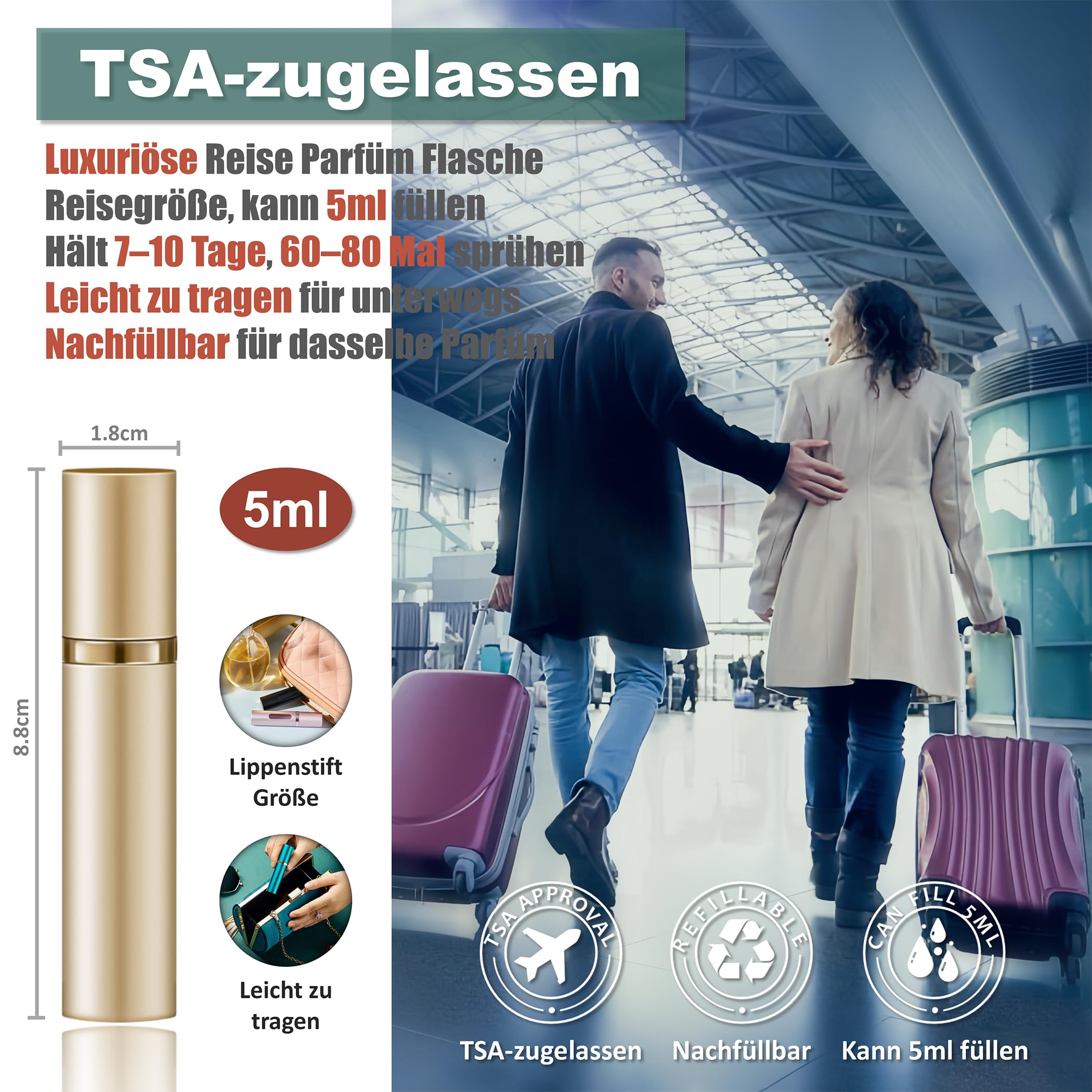 Parfüm Reise Nachfüllbare Flasche Tragbare Zerstäuber Spray Flasche Duft Pumpe Füllen von unten Mini Tasche Größe 5ml für Reisen und Ausgehen (Gold)