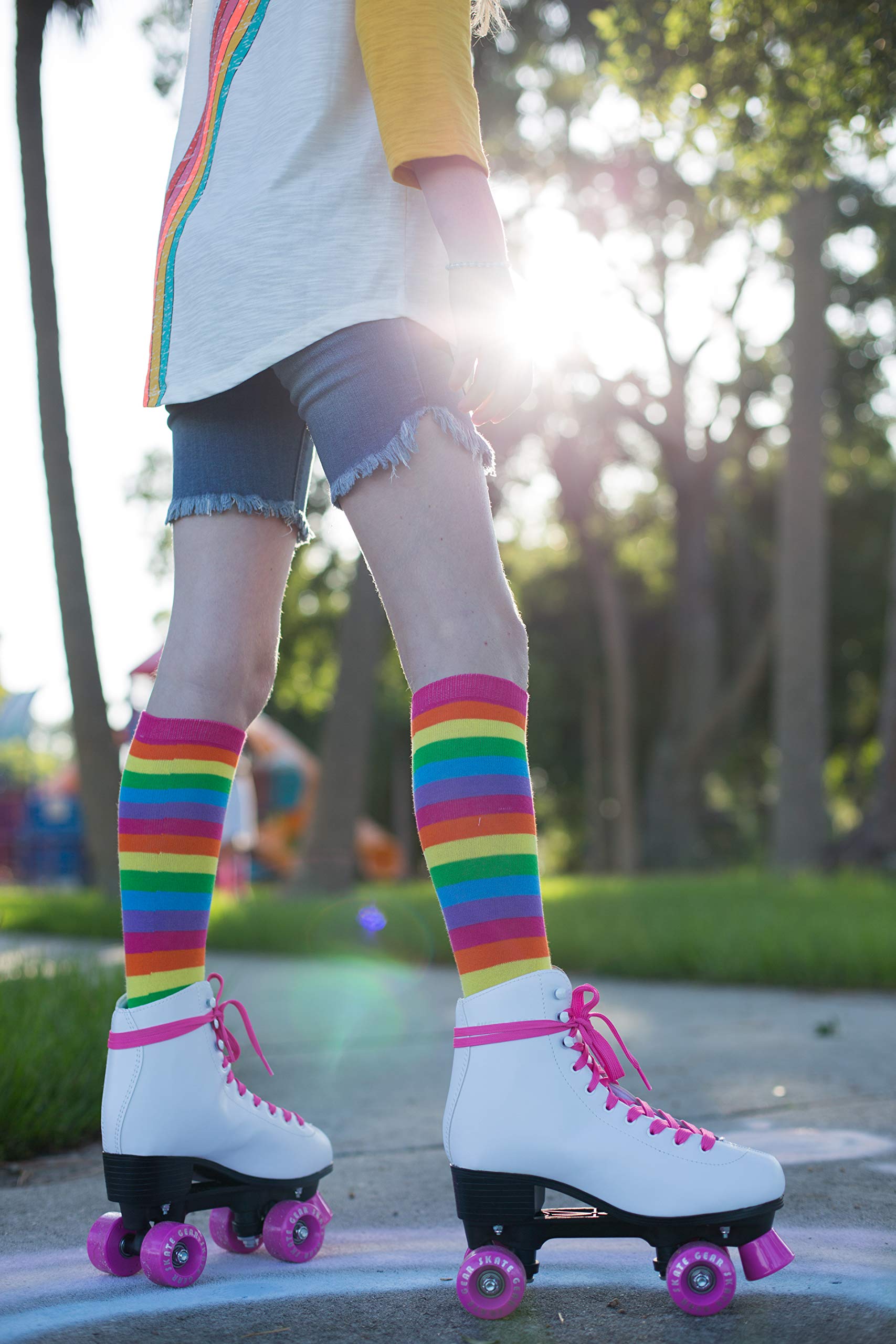 juDanzy Knee High Socks with Grips for Babies, Toddlers and Children (1 Pair) (6+ Years, Bright Rainbow Stripe)