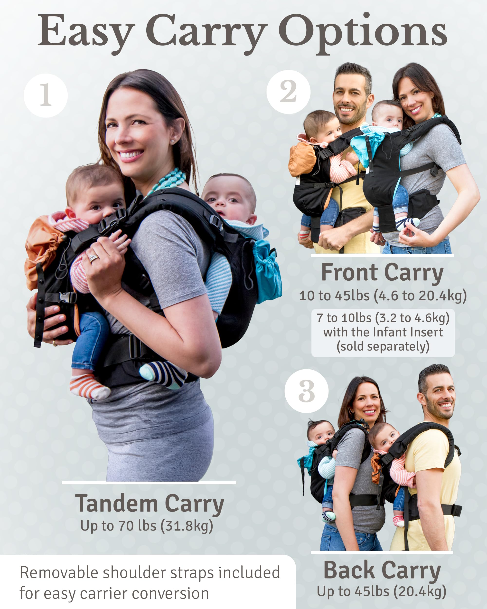 TwinGo Portabebés - Modelo Lite - Negro clásico - Funciona como un portabebés tándem o individual (las correas adicionales se venden por separado). Ajustable para hombres, mujeres, gemelos y bebés de