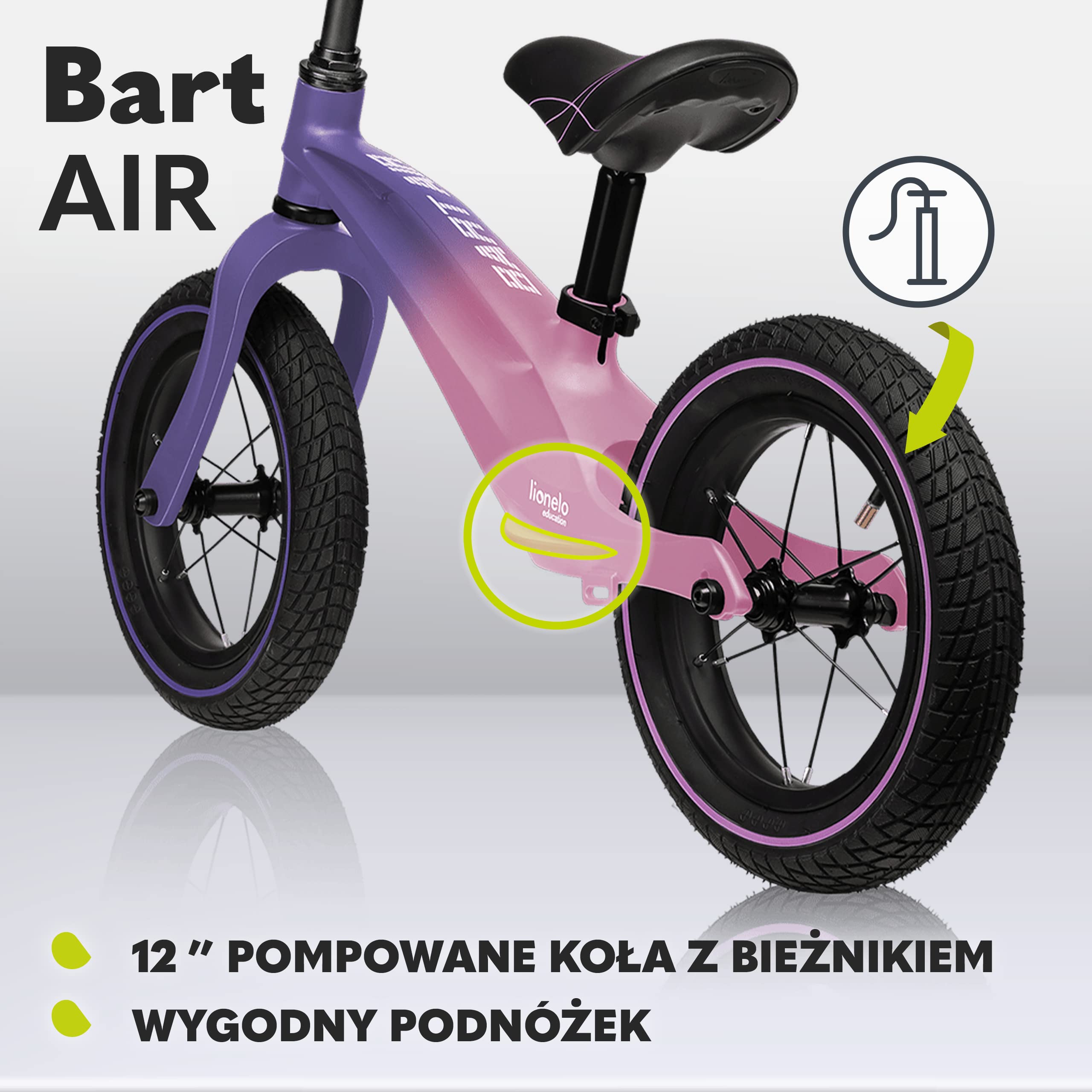 LIONELO Bart Air rowerek biegowy do 30kg, piankowe koła EVA, magnezowa rama, eko-skóra, wyprofilowany podnóżek, antypoślizgowe nakładki, uchwyt do przenoszenia, miękka struktura