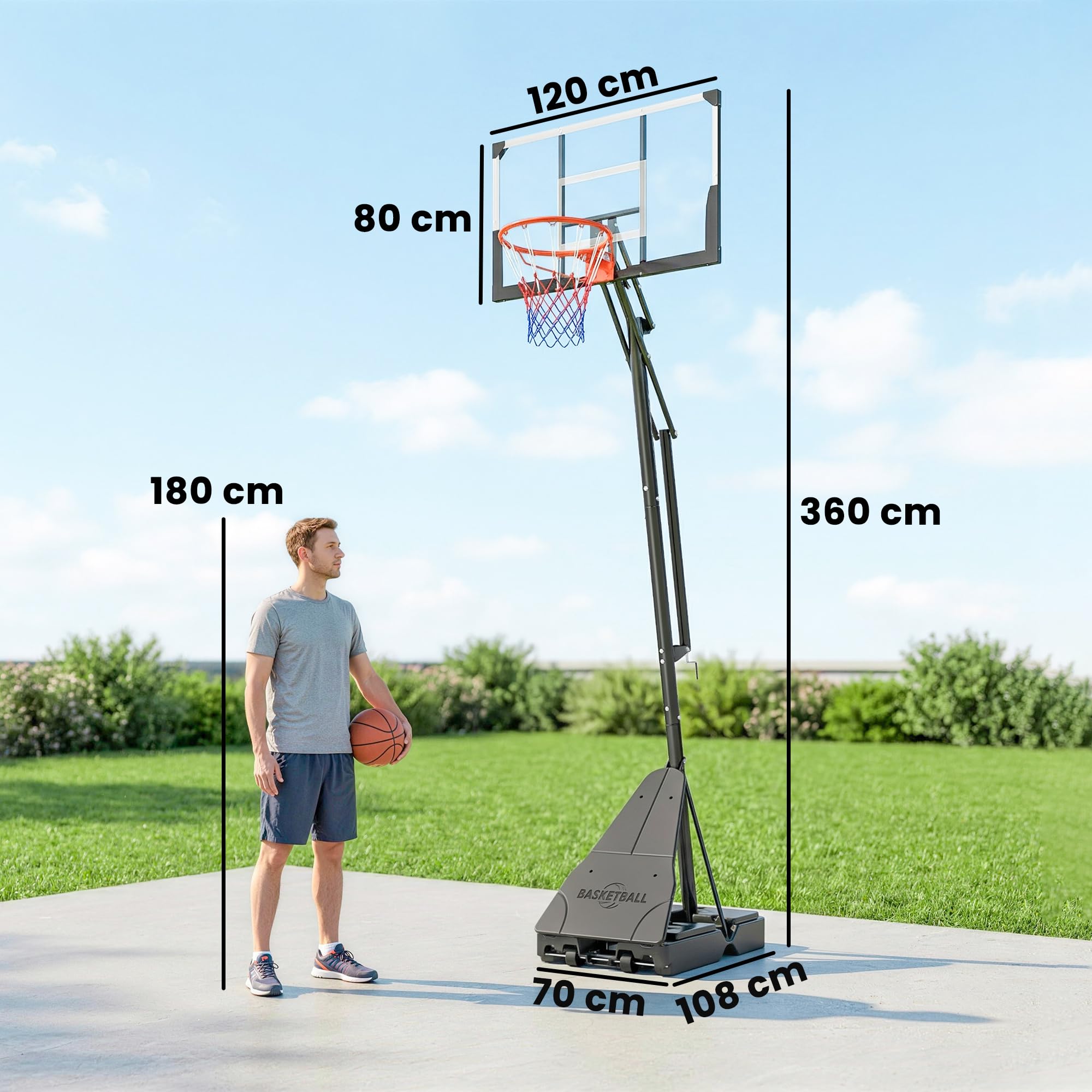 SPORTNOW Canestro Basket Regolabile per Adulti Altezza 2.45-3.05 m, Supporto da Basket Portatile con Ruote, Base Riempibile, Sistema Ritorno, Tabellone Antishock, Uso Interno ed Esterno, Nero