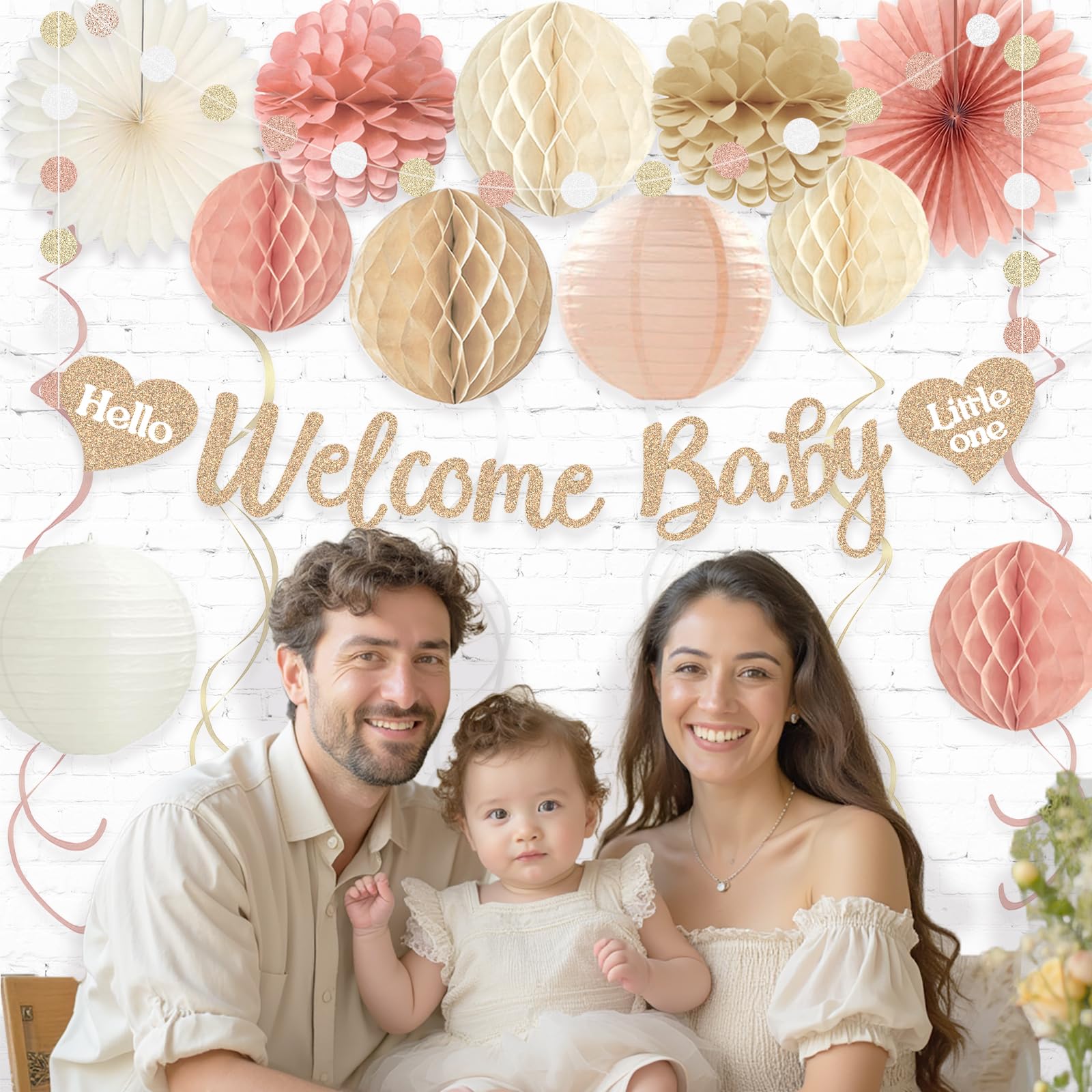 Boho Baby Shower Decorations for Girl, Pre-Strung Welcome Baby Banner with Honeycomb Balls, Paper Flowers, Lanterns, Fans, Hanging Swirls, Circle Dots Garland for Girl Baby Shower Decorations 24pcs