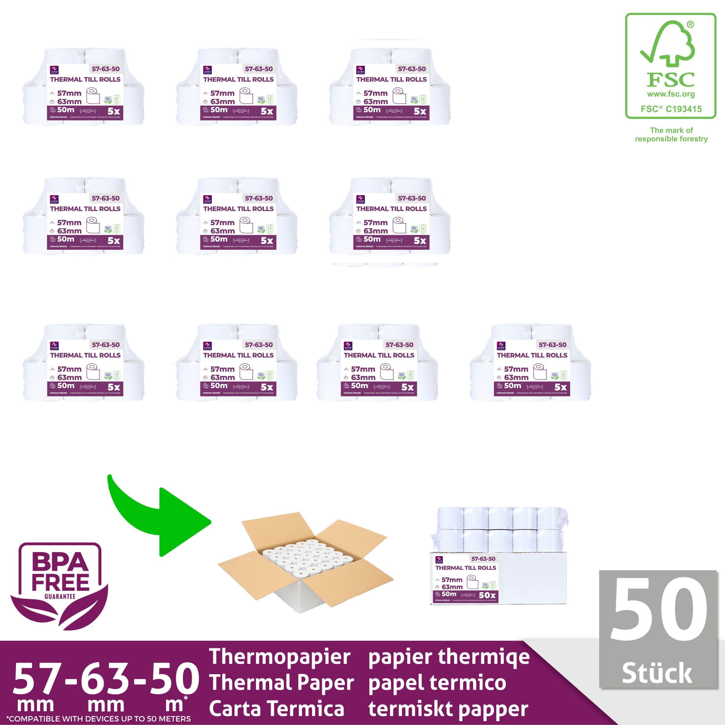 Papel térmico 57mm x 50m x 12mm - ideal para todas las cajas registradoras y TPV - Rollos para impresora térmica - (57x55x12) Blanco -Sin BPA (50 Rollos)