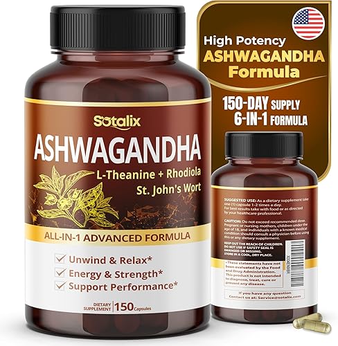 SOTALIX Supplement Ashwagandha Fórmula avanzada todo en 1 con L-teanina, rodiola, hierba de San Juan para relajarse, relajarse y fortalecer,