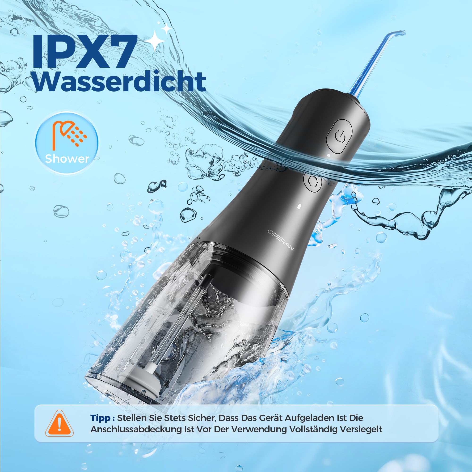 Operan Munddusche Kabellos, Tragbar Elektrische Zahndusche, 300ML Oral Irrigator Munddusche Testsieger für Entfernt Speisereste und Reinigt Die Zähne,Mattschwarz, 1Pack+ 4 Modi & 4 Düsen