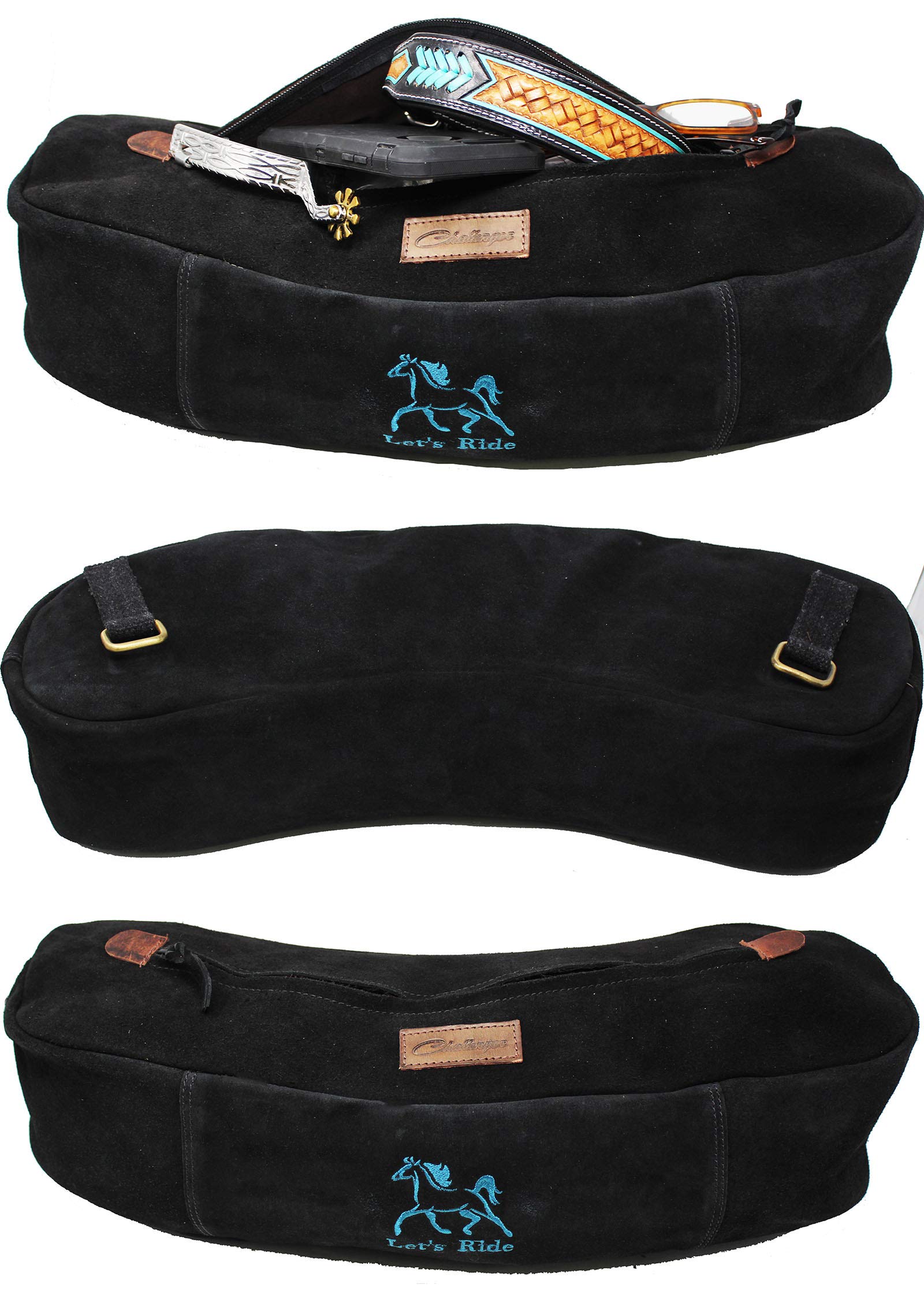 CHALLENGER Horse Horse Suede Leather Embroidered Saddle Cantle Trail Riding Bag Black 102AA32