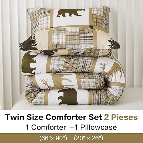 Miniatura 4 de Andency Juego de edredón de oso de retazos a cuadros, tamaño individual (66 x 90 pulgadas), 3 piezas (1 edredón caqui y 2 fundas de almohada),