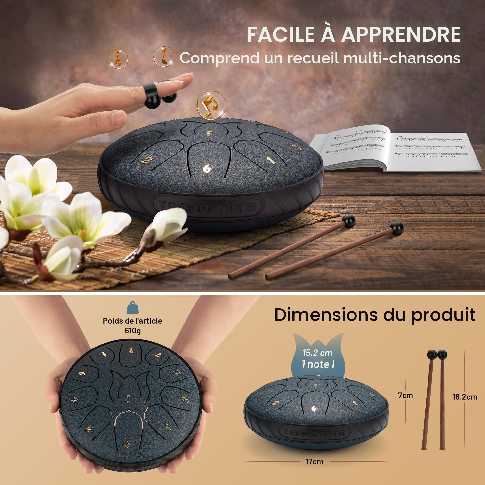CAHAYA Tambour à langue en acier 6 pouces 11 tons : instrument de percussion en acier pour enfants livré avec livre de musique baguettes touche et sac tambour à main pour méditation yoga, bleu marine