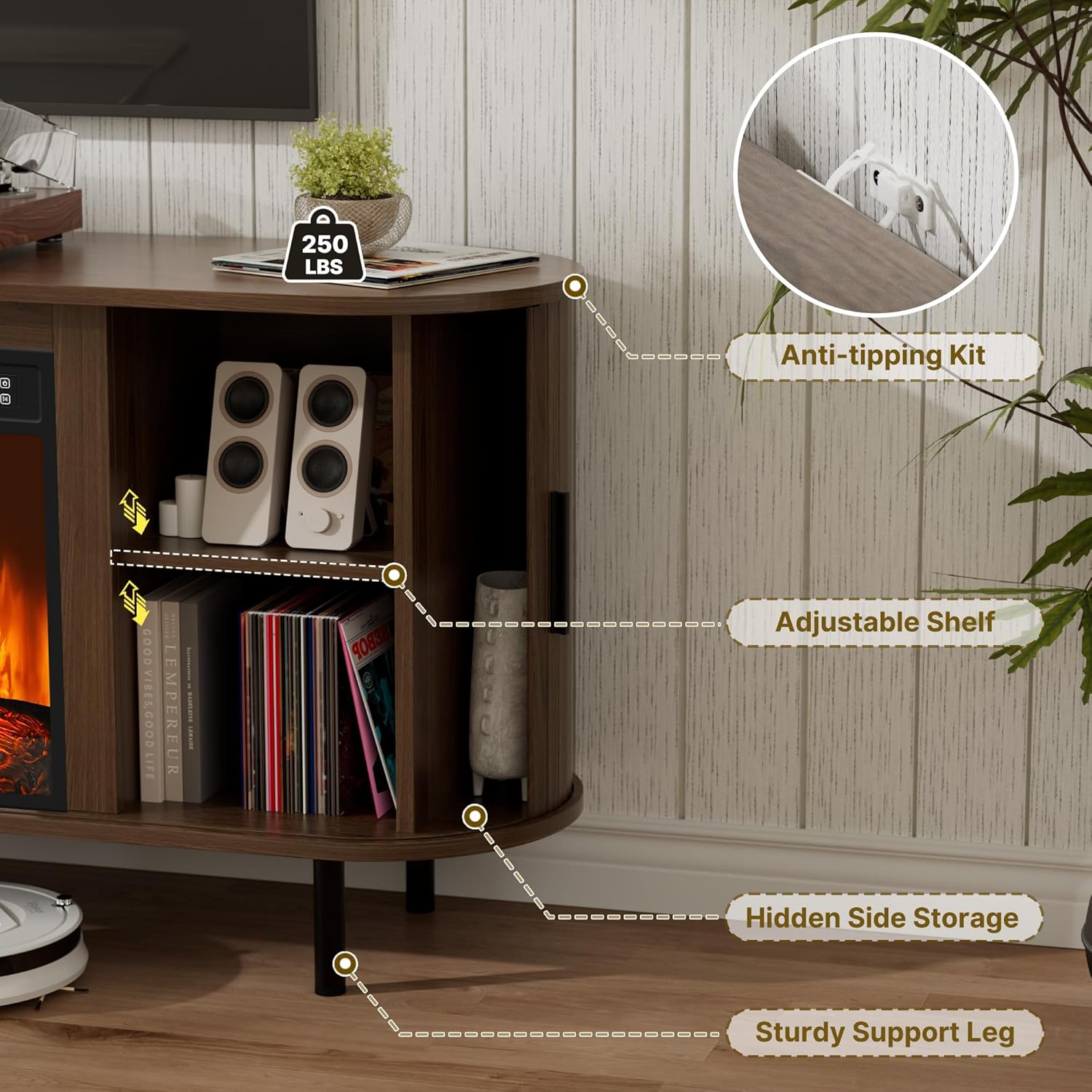 55" Fluted Fireplace TV Stand, Modern Entertainment Center for TVs Up to 65 inch, TV Console with Sliding Door, Curved Profile Design, Media Console for Living Room, Walnut - Image 3