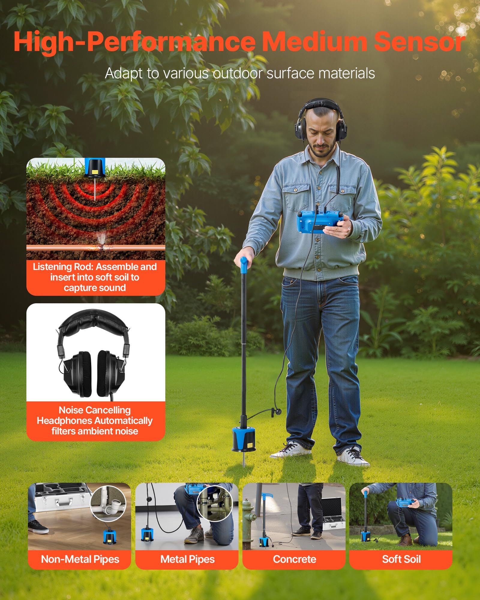 VEVOR Detector de Fugas de Agua para Tuberías Subterráneas, 1–10 000 Hz, Pantalla Táctil 17,78 cm, 5 m de Longitud, con Sensor Mediano, 3 Varillas de Escucha, Auriculares y Estuche de Transporte