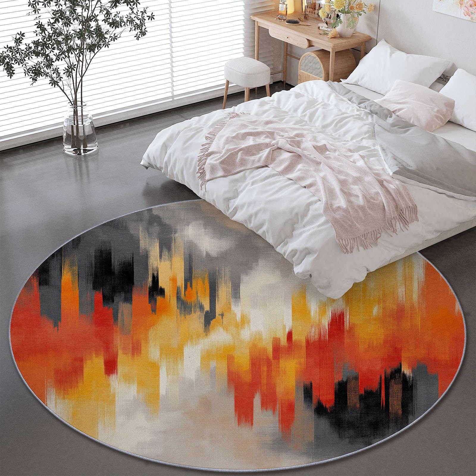 Tapis de sol décoration orange pour salon et cuisine, format rond 90 cm lavable
