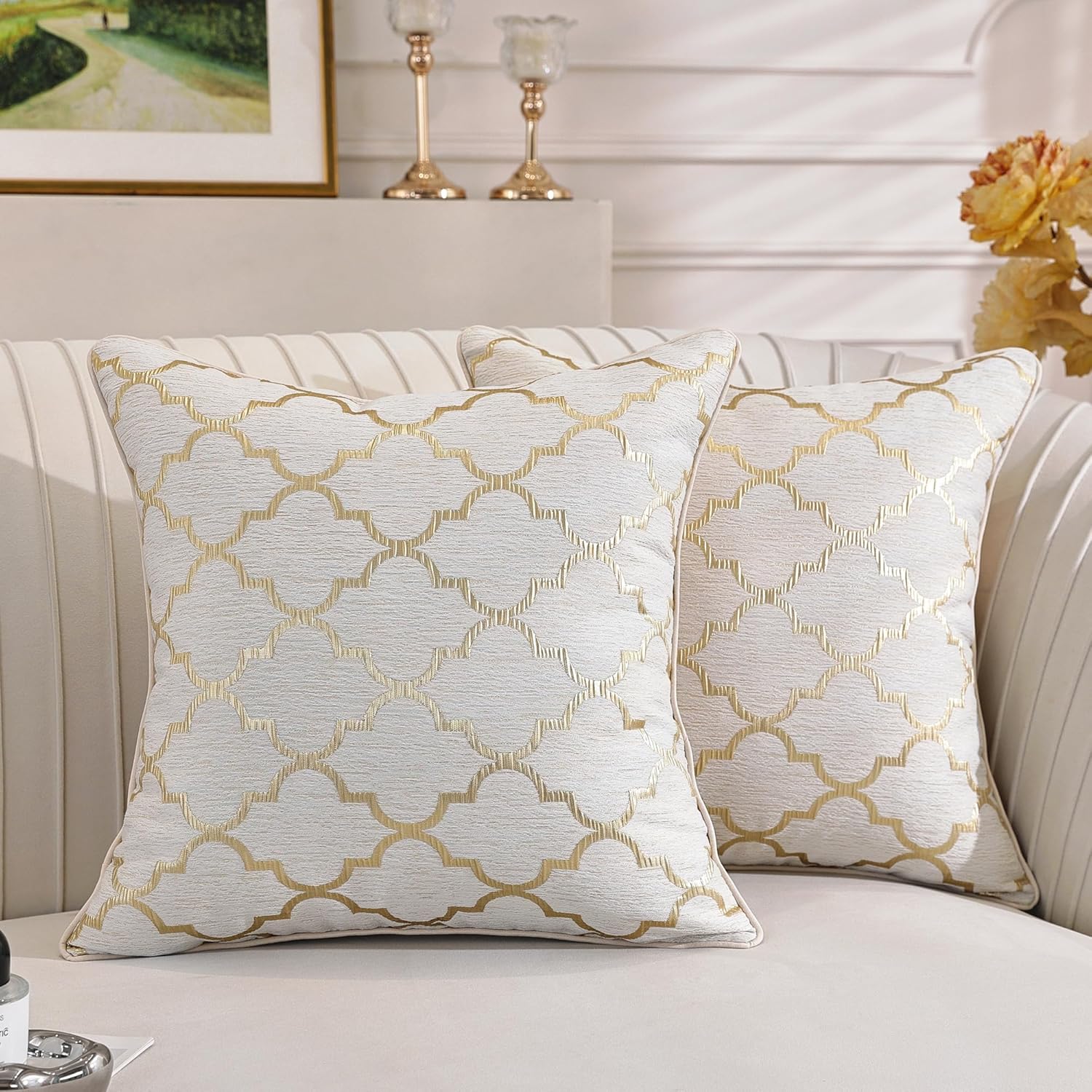 TAOSON Set of 2,High Precision Jacquard Beige and Gold Moroccan Pattern Deco Throw Pillow Covers Cushion Cases Modern Quatrefoil Accent Square Pillowcase for Sofa Couch Bedroom Living Room Home,20x20