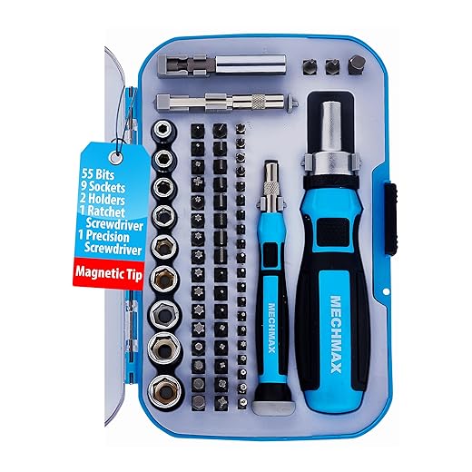 68 Piece MECHMAX Magnetic Ratchet Screwdriver Set, Socket and Interchangeable Bits Slotted, Phillips, Star, Precision Bits with Case for Home, Office, Car, Automotive, Ring Doorbell and as A Gift