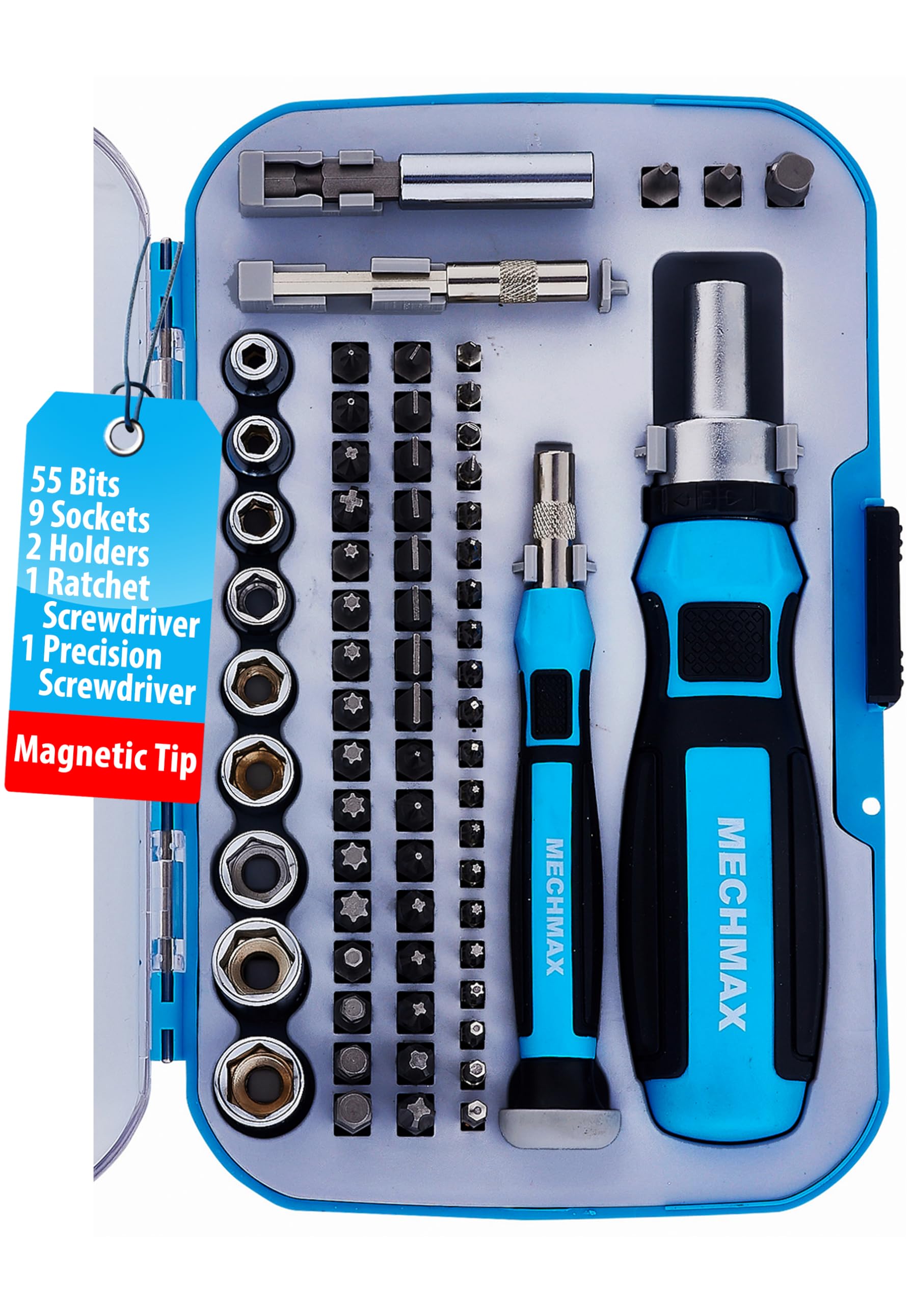 MECHMAX Ratcheting Screwdriver Bits & Socket Set 68 Piece, Magnetic Bits with Storage Case for Home, Garage, Office, Apartment, Car, Dorm, Back to School, Bike, Electronics Projects, and as A Gift